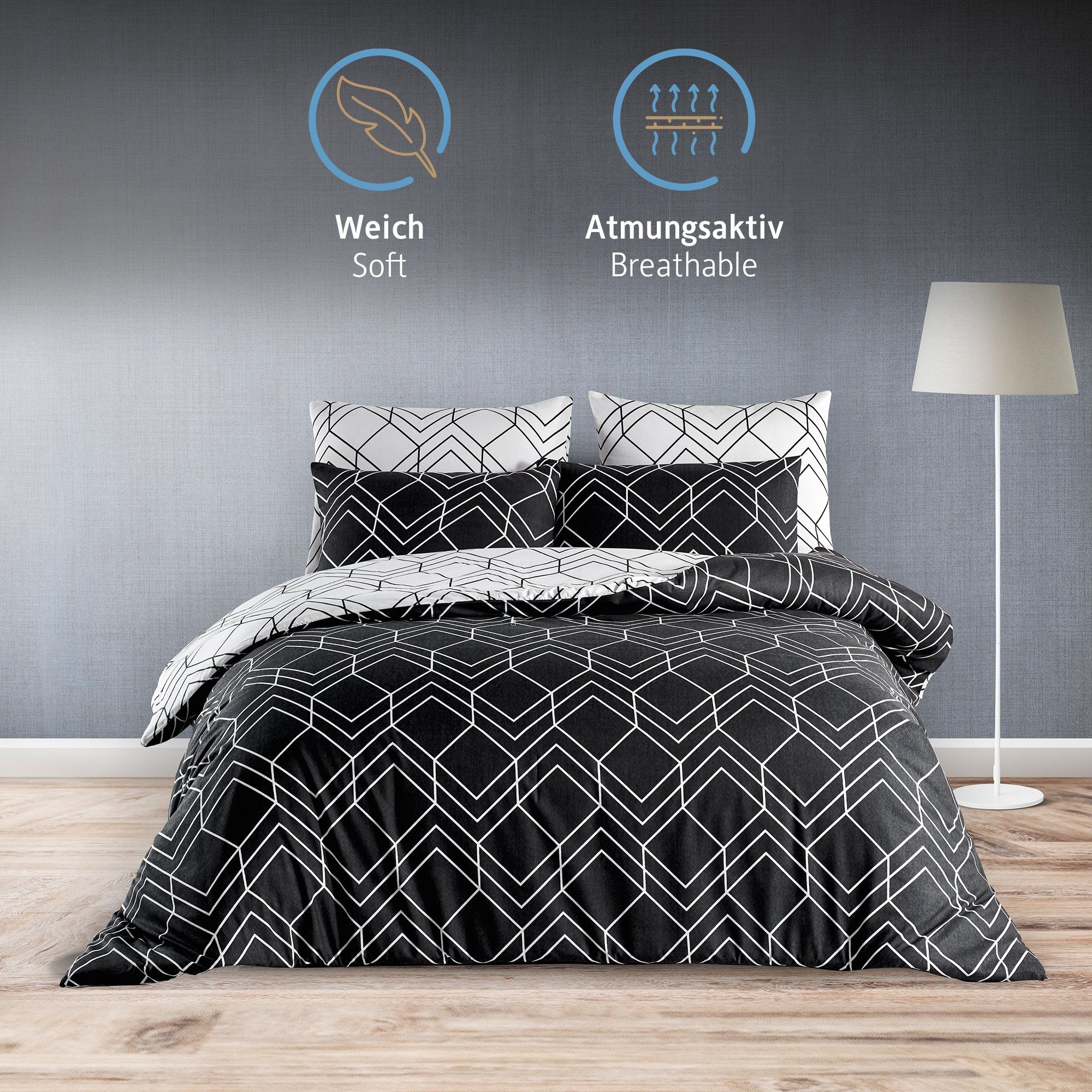 Bettwäsche Premium 2&3 Teilig Set, 135x200 cm, 155x220 cm oder 200x200 cm, Komfortec, gebürstetem 80% Baumwolle-20% Mikrofaser, 2 teilig, Superweiches Bettwäsche-Set, Knitterfrei, Atmungsaktiv
