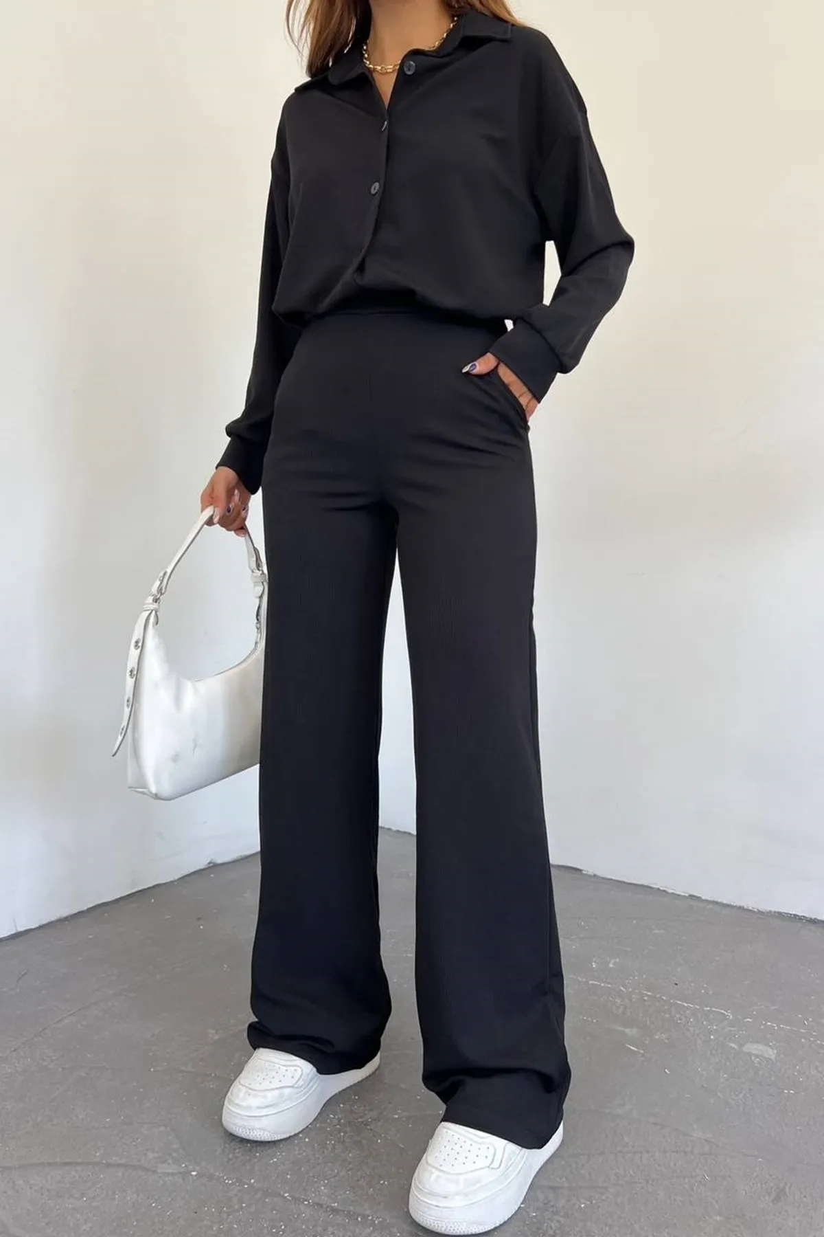 lovebox  Damen-Seersucker-Oversize-Design-Hemd und Hose, schwarzer Doppelanzug 10786