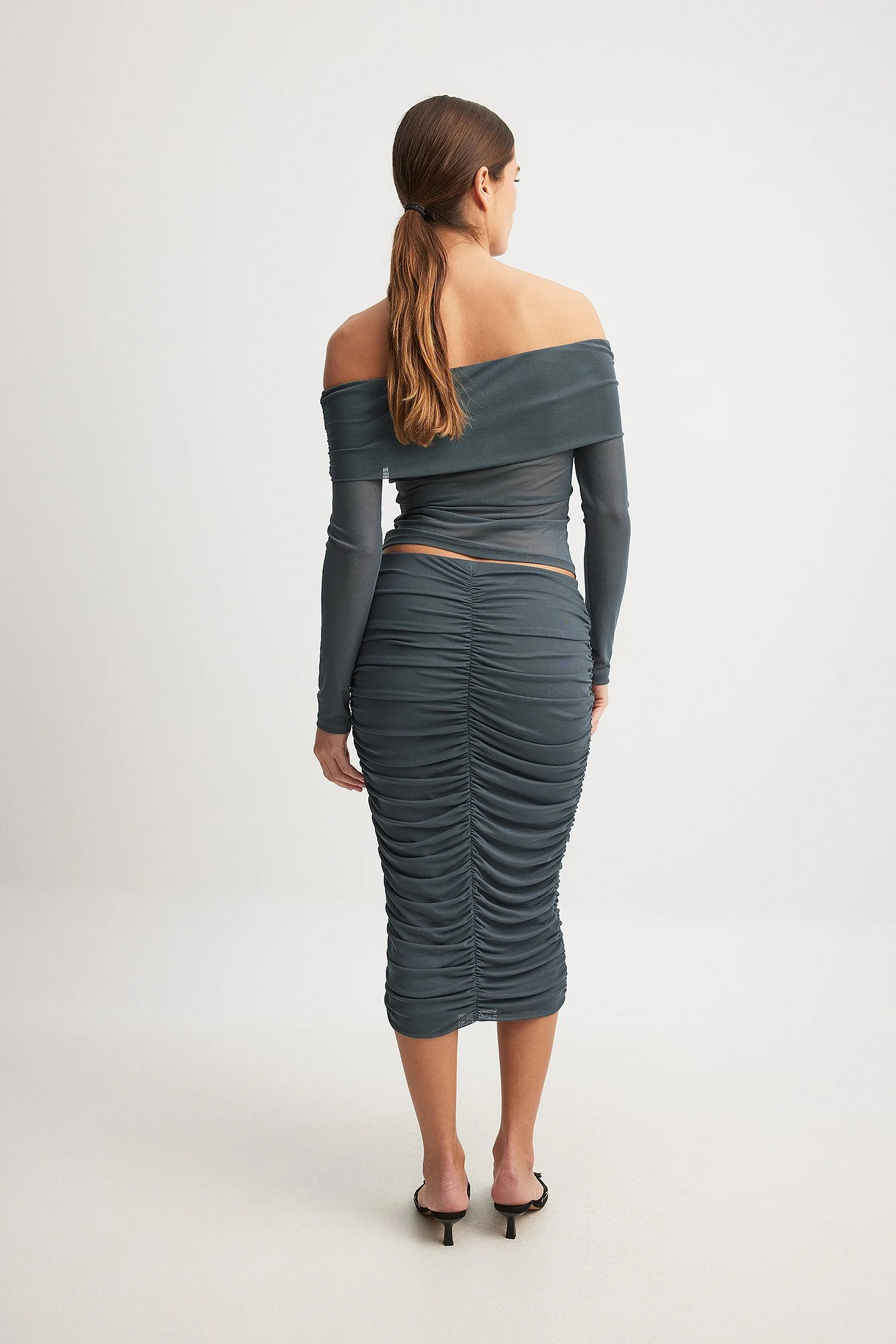 Rouched Mesh Midi Skirt
