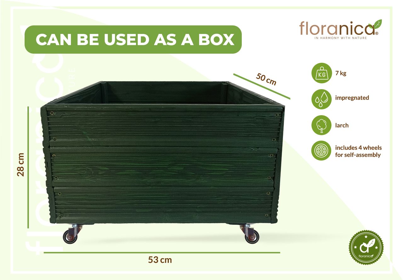 Pemicont Floranica Blumentopf aus Holz Kasten 4 Rollen 50cm x 535cm x 285cm Grün Imprägnierte Lärche Schutzhülle für Kräuter Blumen Haus- und Gartendekoration Innen- und Außeneinsatz