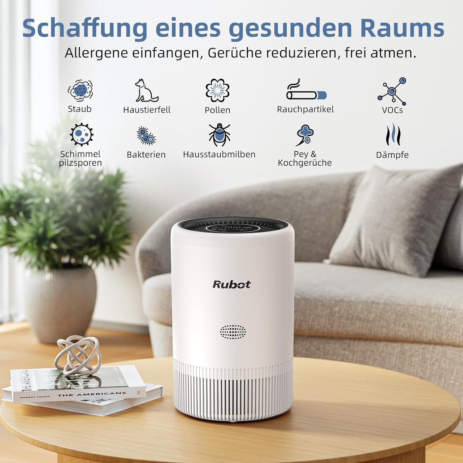 Rubot Luftreiniger, für 38 m² Räume, Allergiker mit H13 HEPA Luftfilter Gegen Schimmel Staub CADR 183m³/h