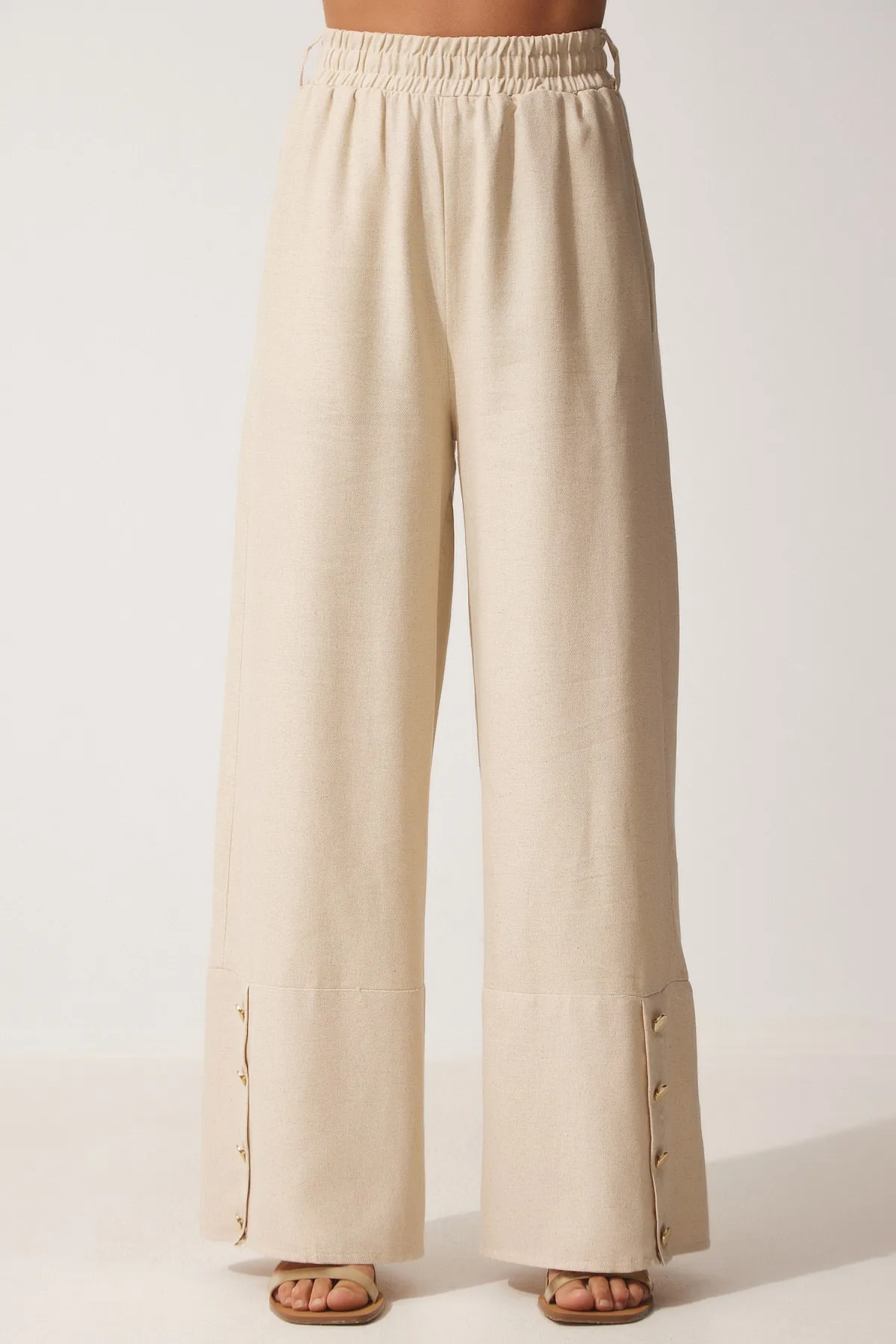 Happiness İstanbul  Damen-Palazzo-Hose aus Leinen in Creme mit stilvollen Knöpfen und Details MX00095