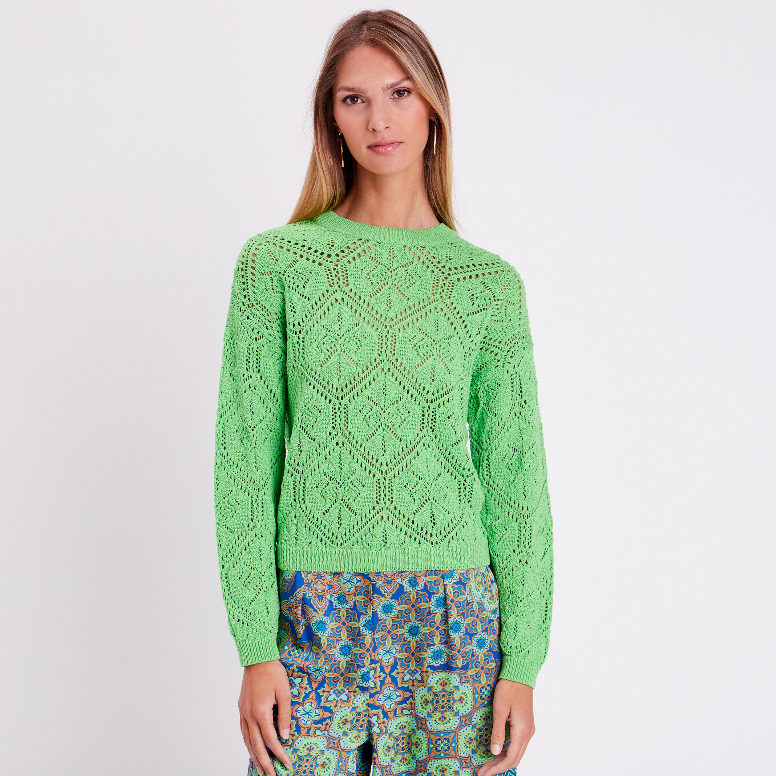 Pull ajouré col rond vert femme | Cache Cache