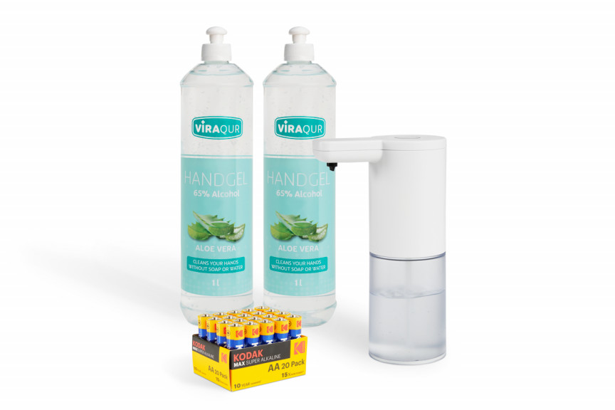 Umuzi Cleaning Viraqur Handhygiene-Set: automatischer Seifenspender inkl. desinfizierendem Handgel. Mit Batterien.