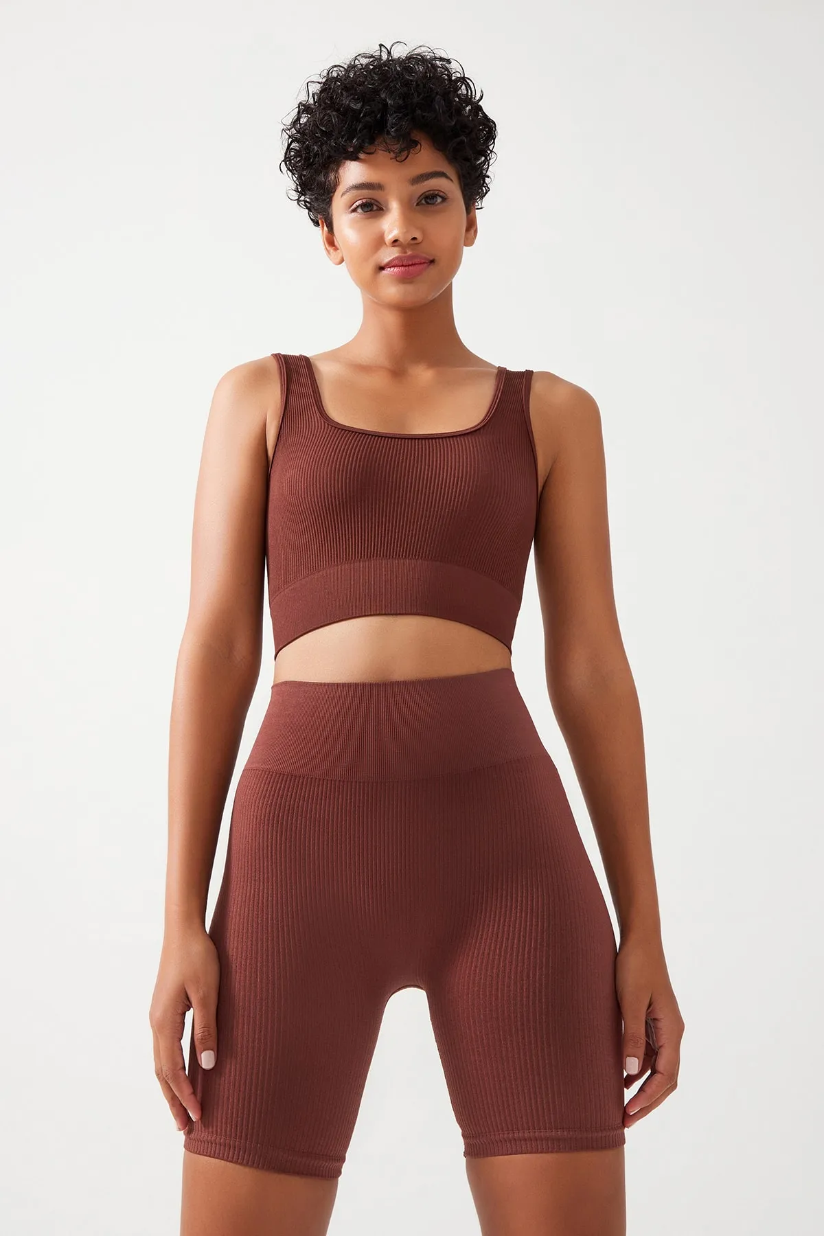 LOS OJOS  Braunes, geripptes, bauchfreies Bustier-Top mit quadratischem Ausschnitt für Damen