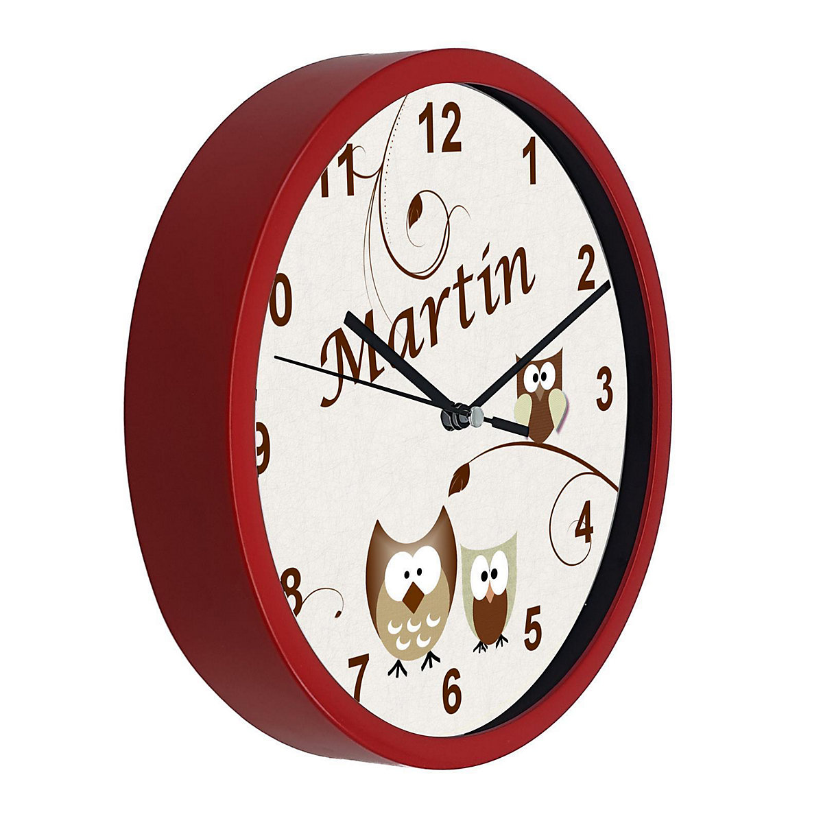 Kinder Wanduhr laufruhig personalisiert mit Name Eule Beige