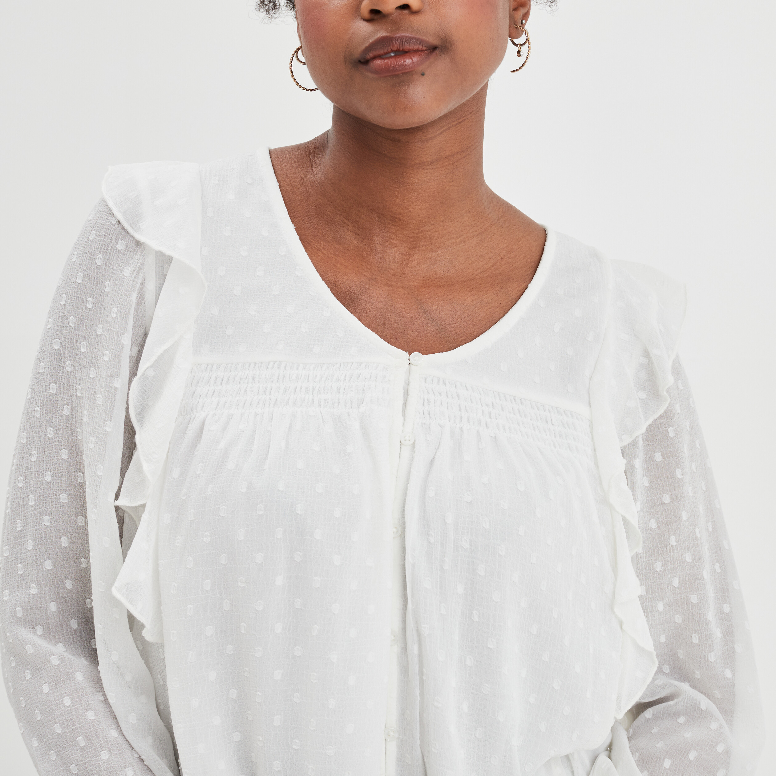 Blouse col en V à volants blanc femme | La Halle