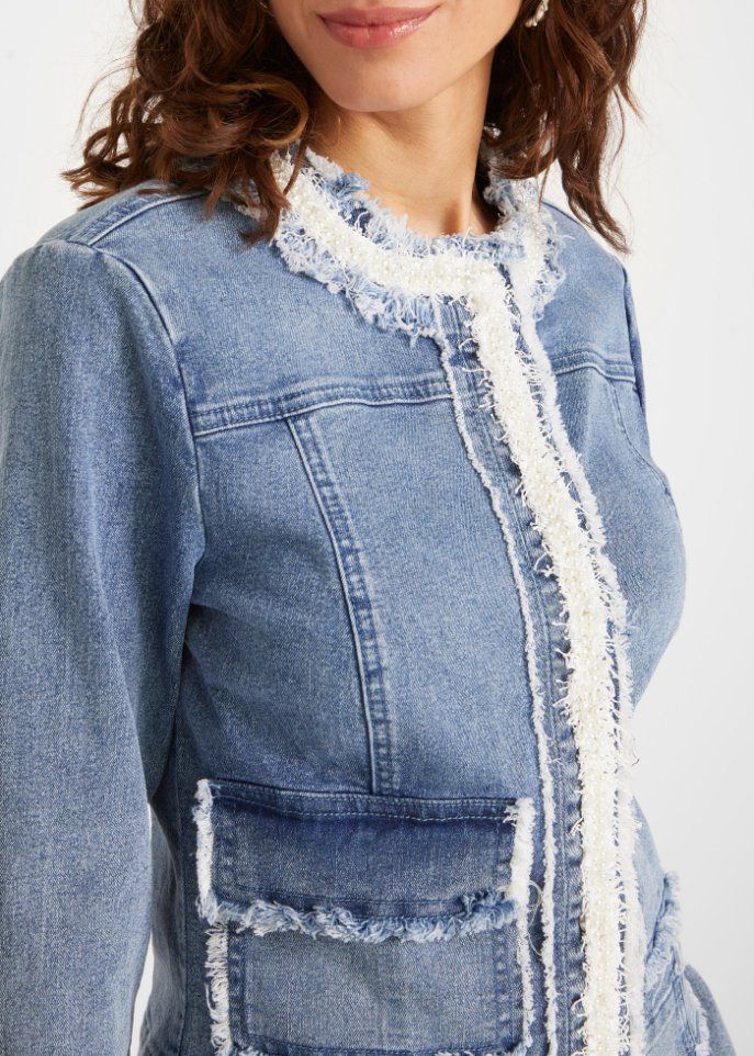 Jeansjacke mit Tweed und Perlen