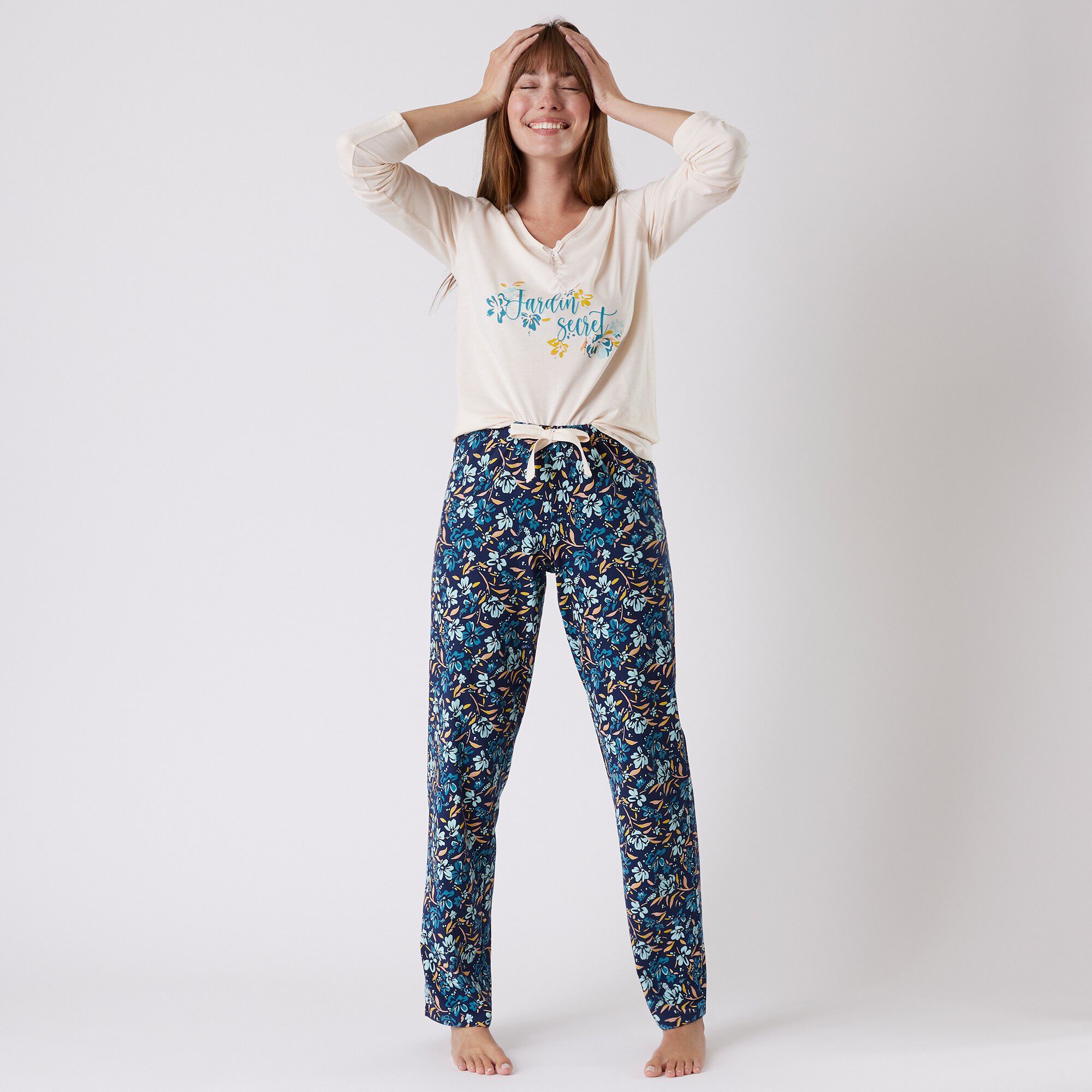 Tee-shirt pyjama manches longues imprimé placé 