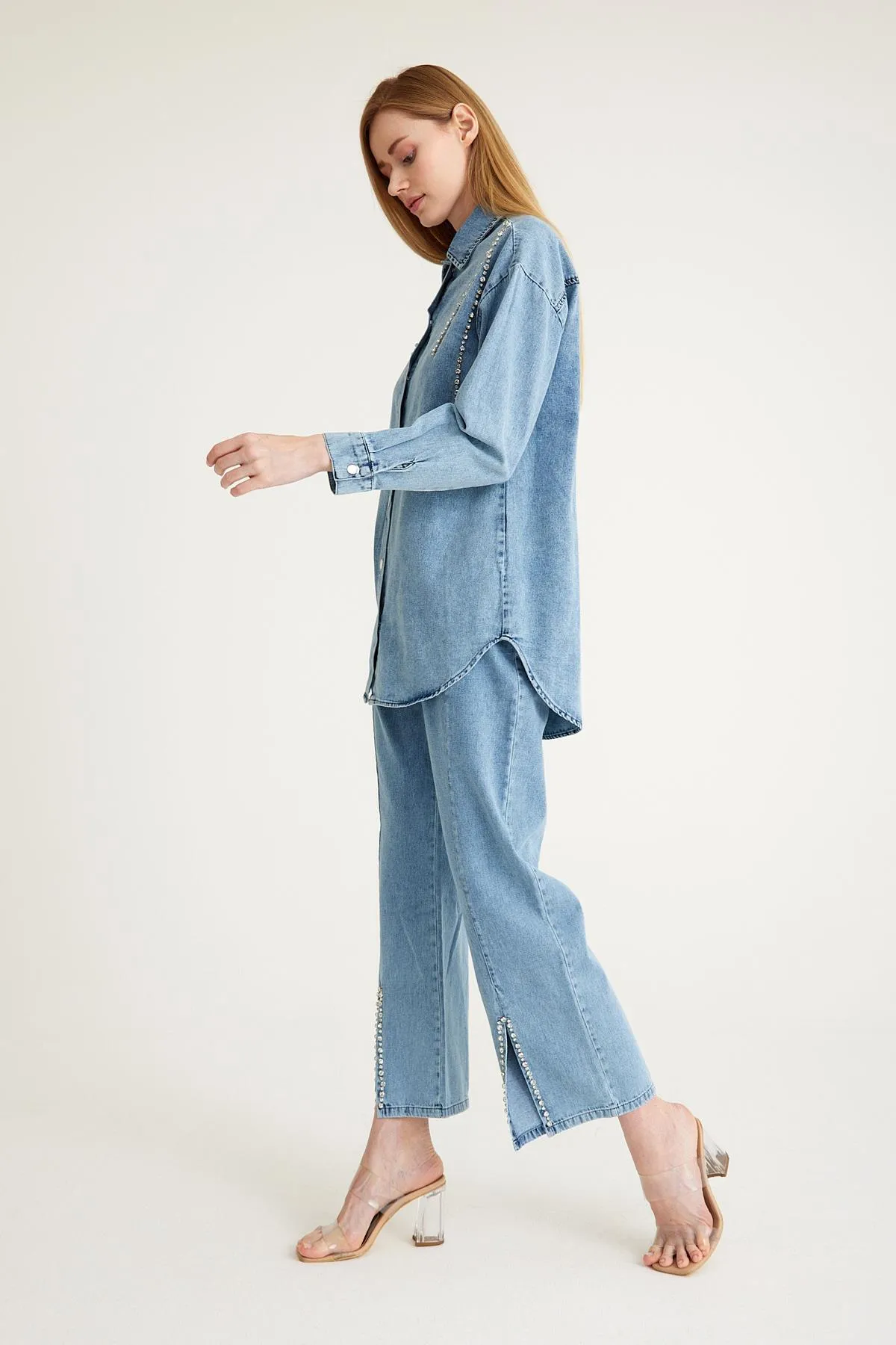 Olcay  Set aus Tunika und Hose aus Denim mit Steindetail - BLAU 9227-YTK