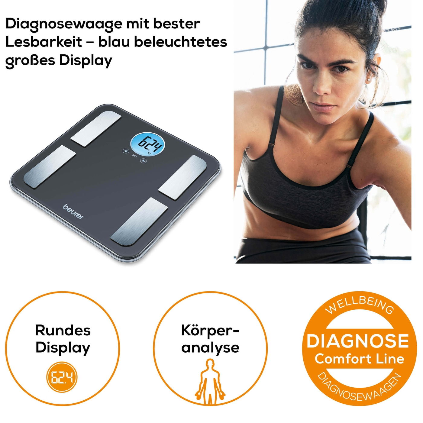 Beurer Diagnosewaage - BF 195-Körperfettwaage mit Ganzkörperanalyse & runder LCD-Anzeige bis 180 kg