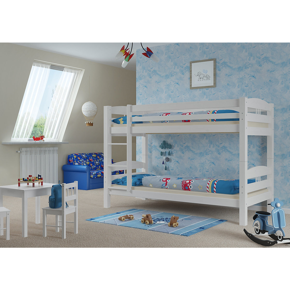 Stockbett 90x200 Kiefer weiß + Rollrost + Matratze + Bettkasten