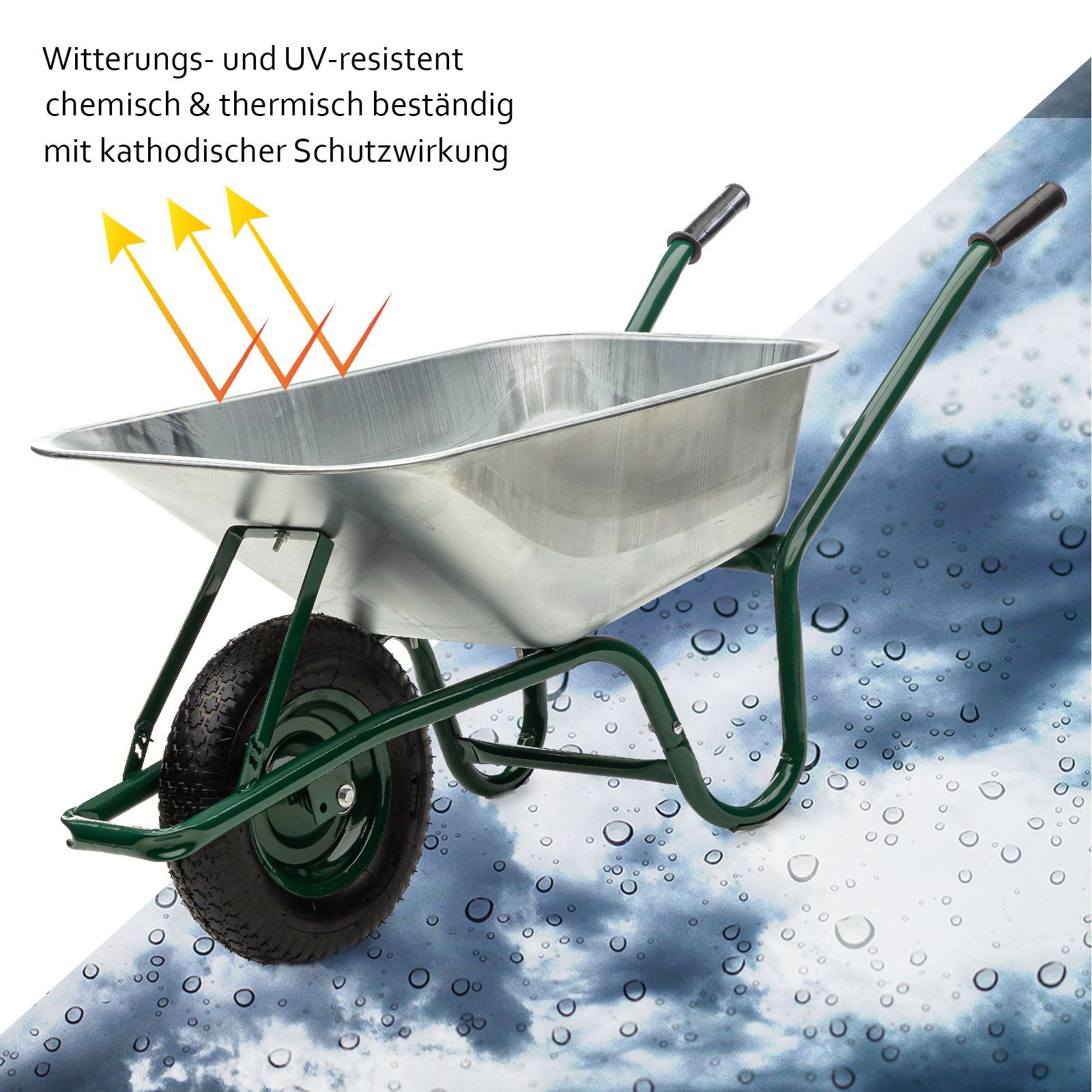 Midori Schubkarre, Gartenkarre 100 L Fassungsvermögen max. Traglast 210 kg Transportkarre verzinkte Wanne Stahlrahmen