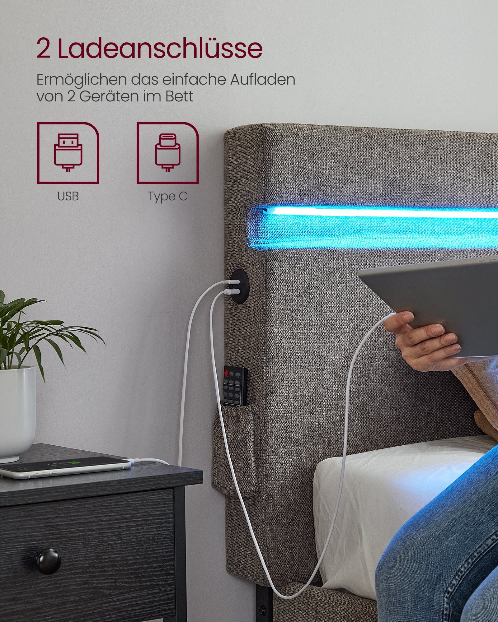 VASAGLE Polsterbett, Bettgestell, 25 Farben und 10 Blinkmustern, USB- und TYPE-C Anschluss