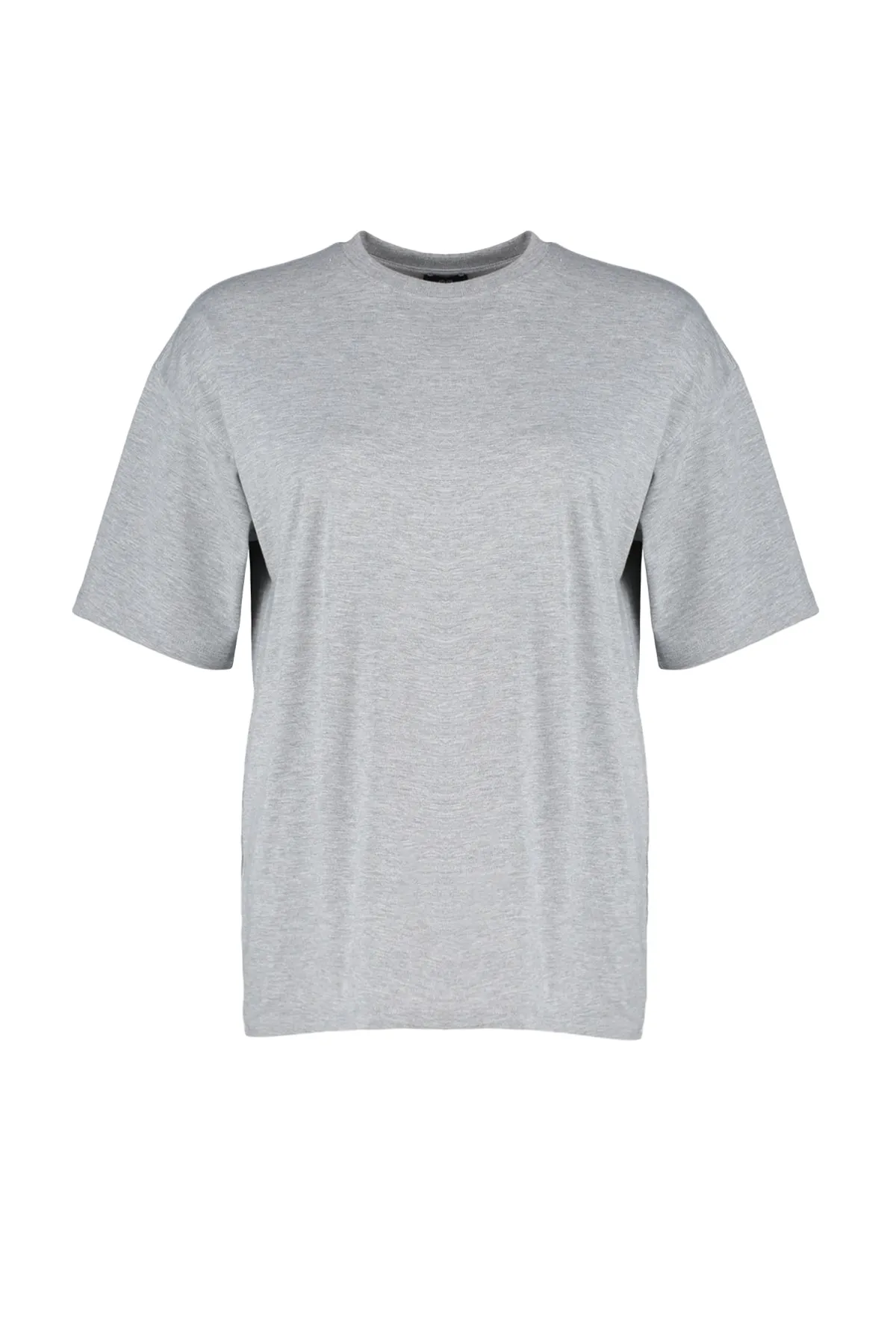 Trendyol Collection  Grau meliertes Premium-Strick-T-Shirt in Übergröße/weiter Passform mit Rundhalsausschnitt TWOSS23TS00040