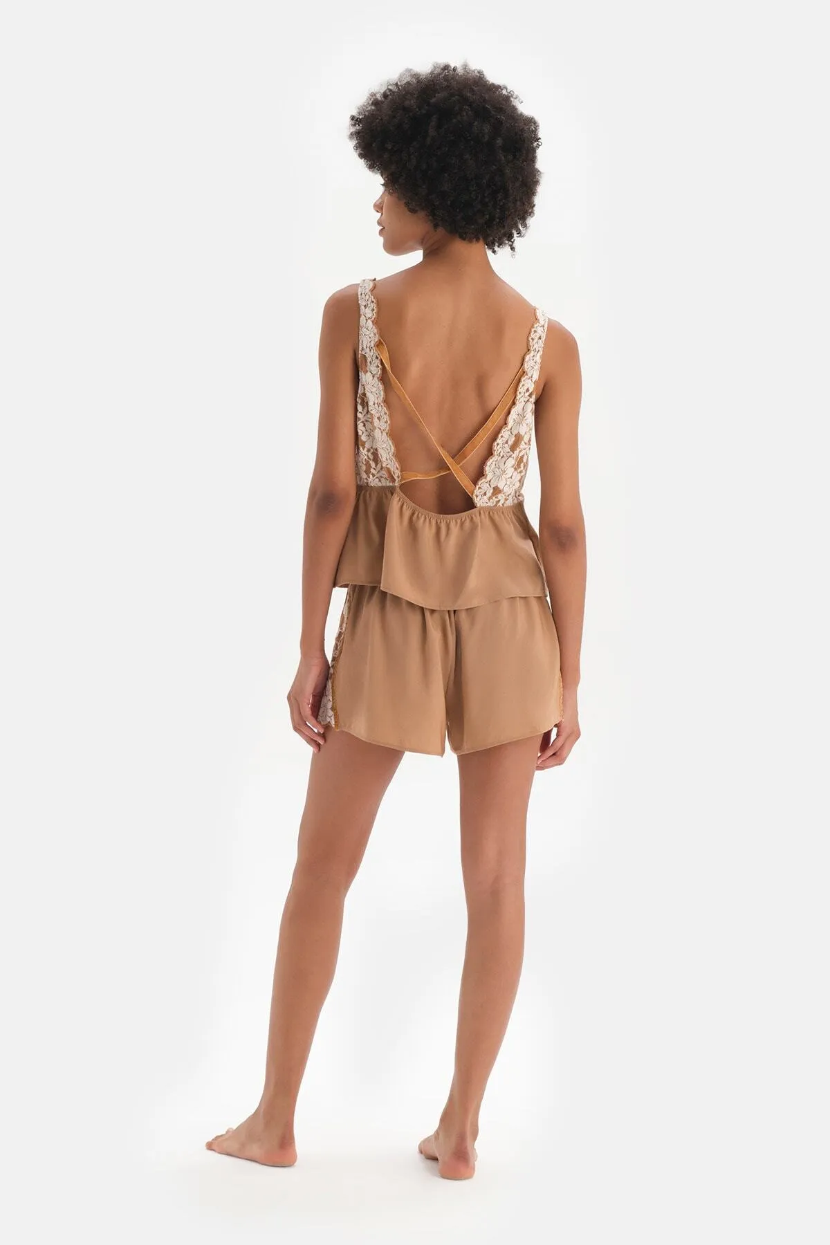 Dagi  Braunes, gerüschtes, gewebtes Camisole mit Samtstreifen und detaillierten Details