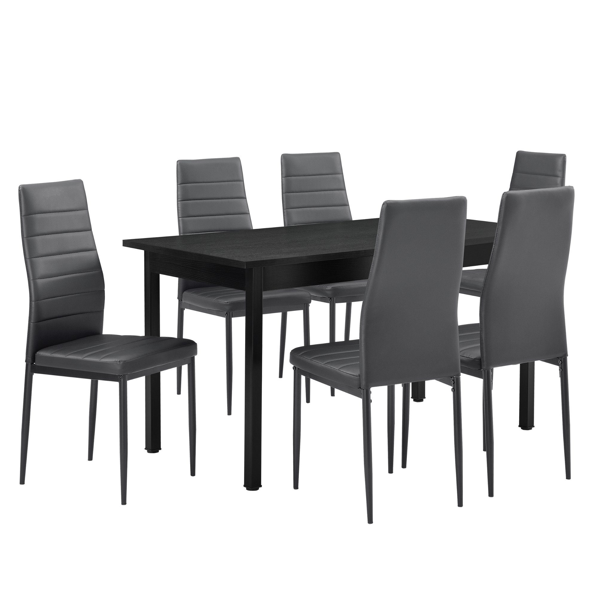 en.casa Essgruppe, (Set, 7-tlg., Esstisch mit 6 Stühlen), Bjerkvik 140x60cm Küchentisch Kunstleder Stühle schwarz/grau