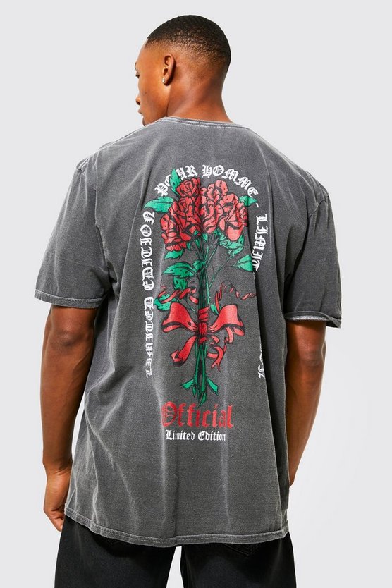Oversize T-Shirt mit Acid-Waschung und Rosen-Print
