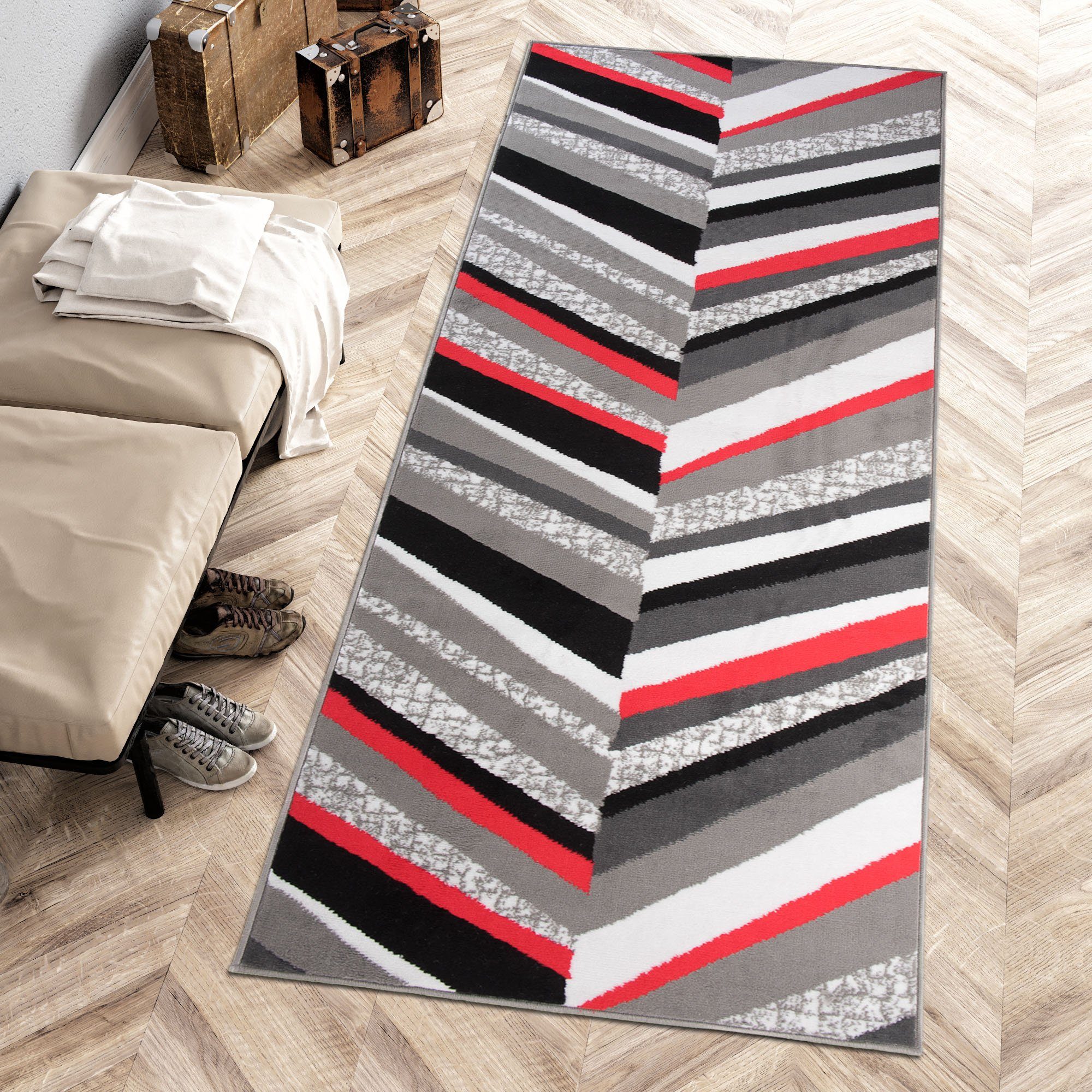 Läufer Läufer Flurläufer Modern für Vorzimmer 70 cm Breit Grau Rot, Mazovia, 70 x 100 cm, Kurzflor, Meterware, Höhe 8 mm, Kurzflor - niedrige Florhöhe