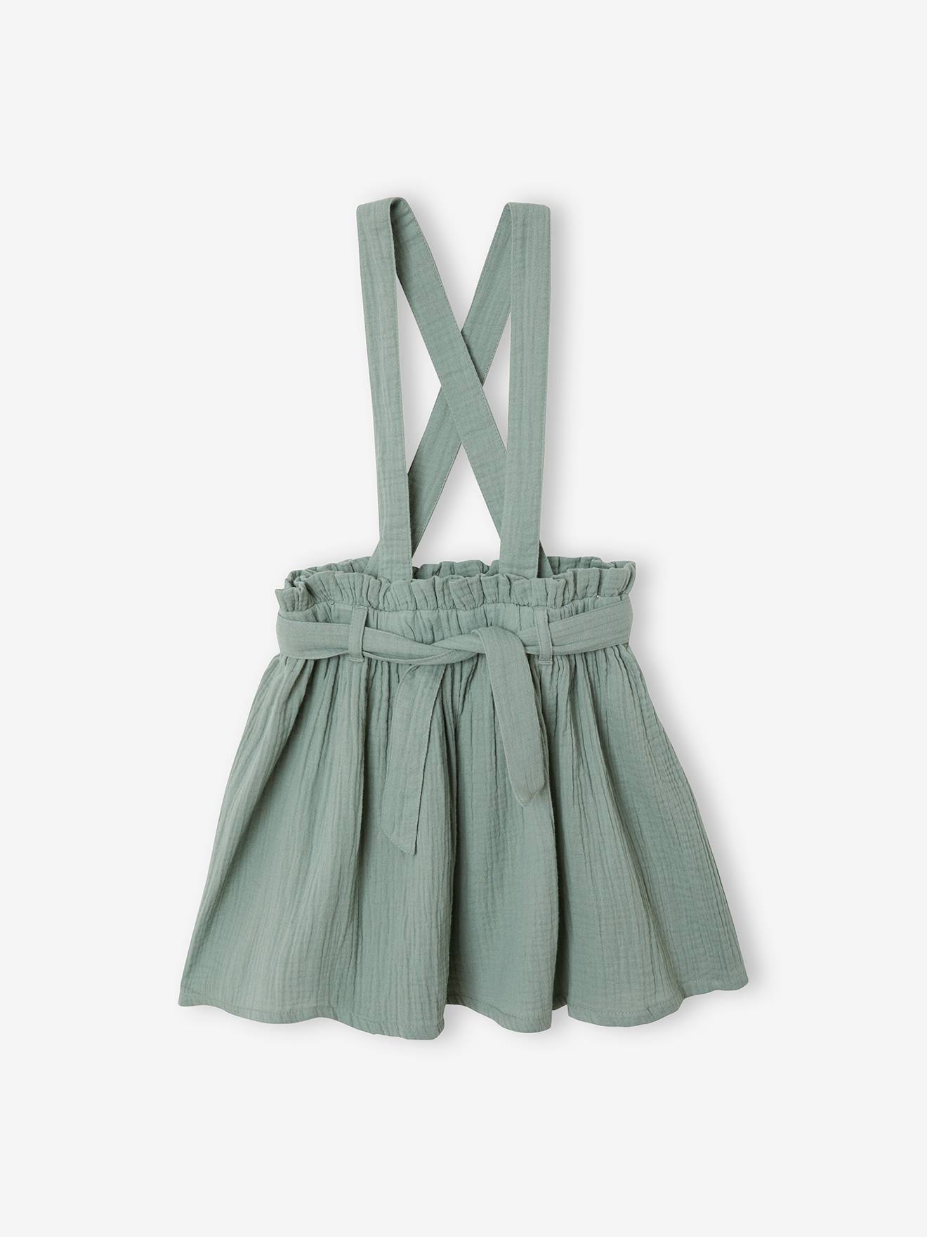 Ensemble fille t-shirt à volants et jupe à bretelles en gaze de coton vert