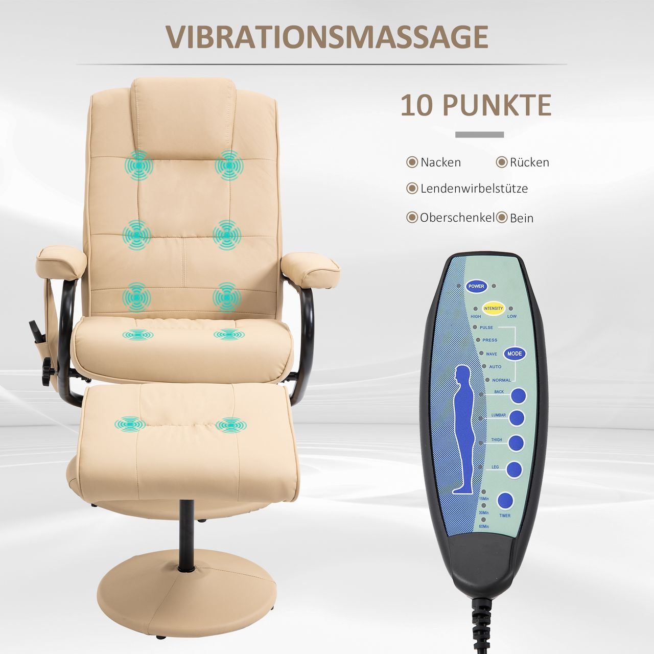 HOMCOM Relaxsessel Massagesessel Fernsehsessel Kunstleder Cremeweiß
