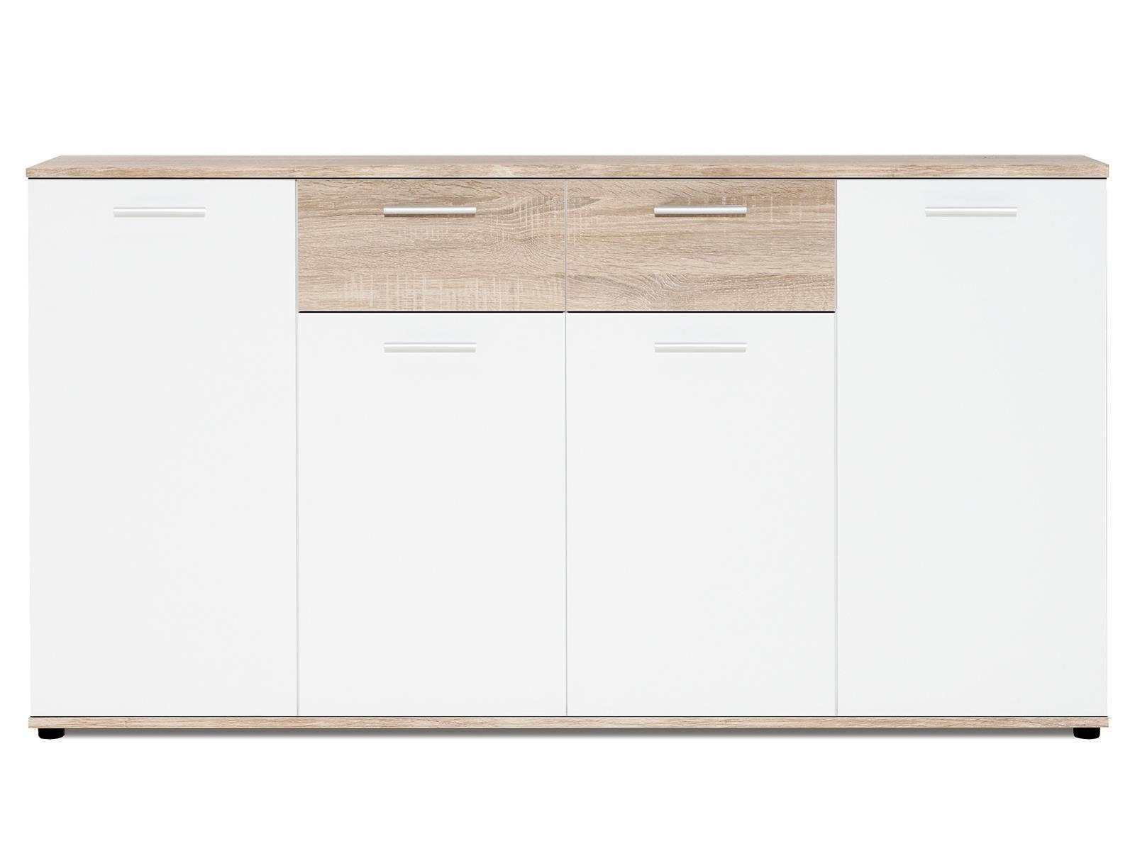 möbelando Sideboard Jacklin, Modernes Sideboard aus Spanplatte in Sonoma-Eiche Nachbildung mit Absetzungen in Weiß mit 2 Schubkästen und 4 Türen dahinter je 1 Boden. Breite 160 cm, Höhe 85 cm, Tiefe 35 cm