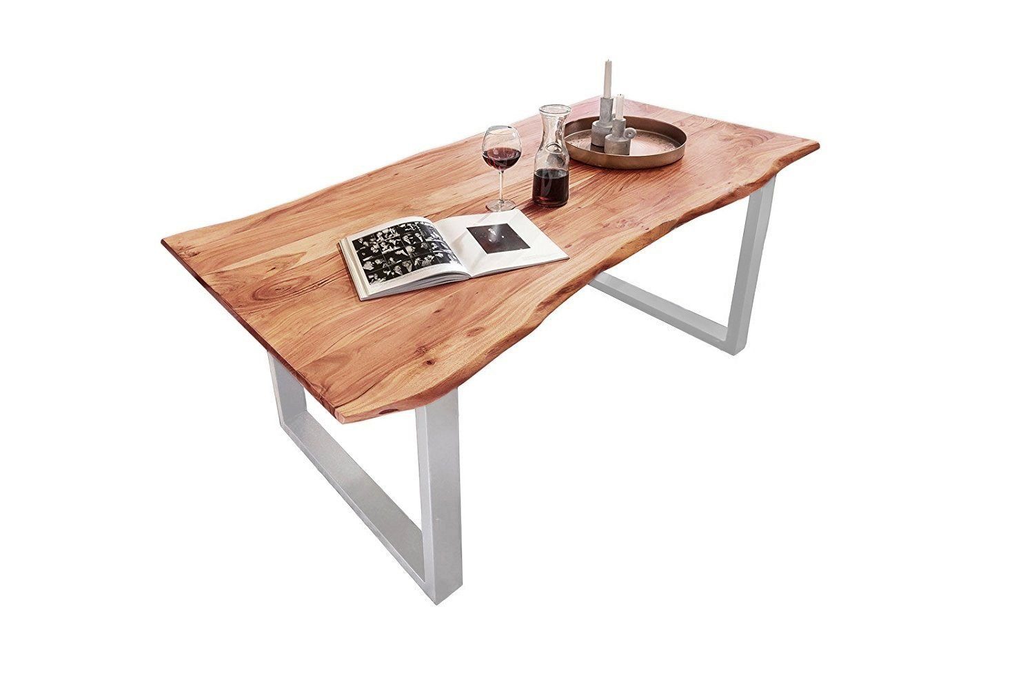 Junado® Baumkantentisch Quinn, Akazienholz, natur- oder nussbaumfarben, Baumkante, Metallgestell