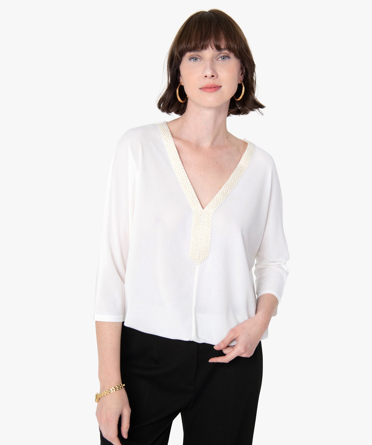 Tee-shirt femme avec col V fantaisie | GEMO