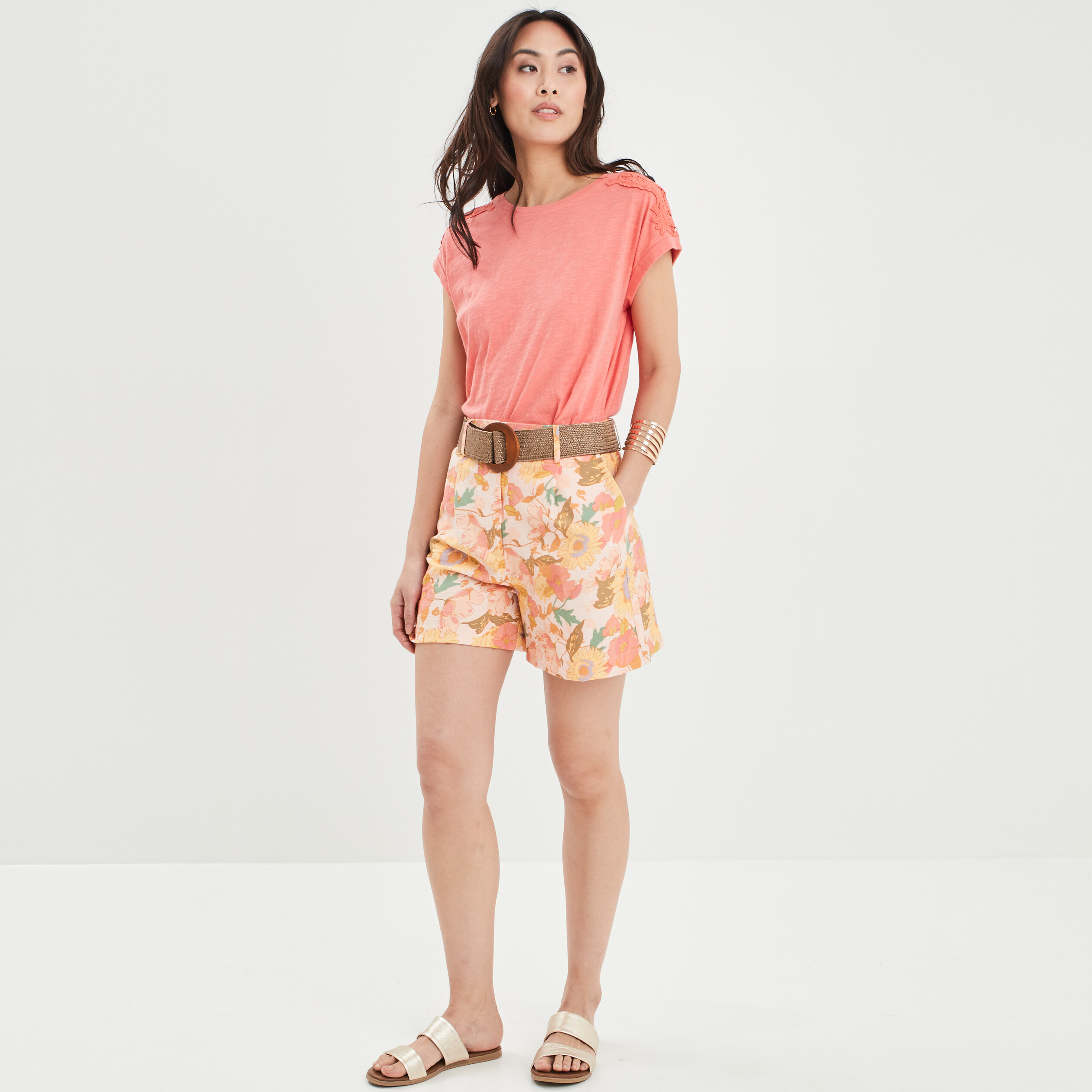 Short évasé avec ceinture ecru femme | La Halle