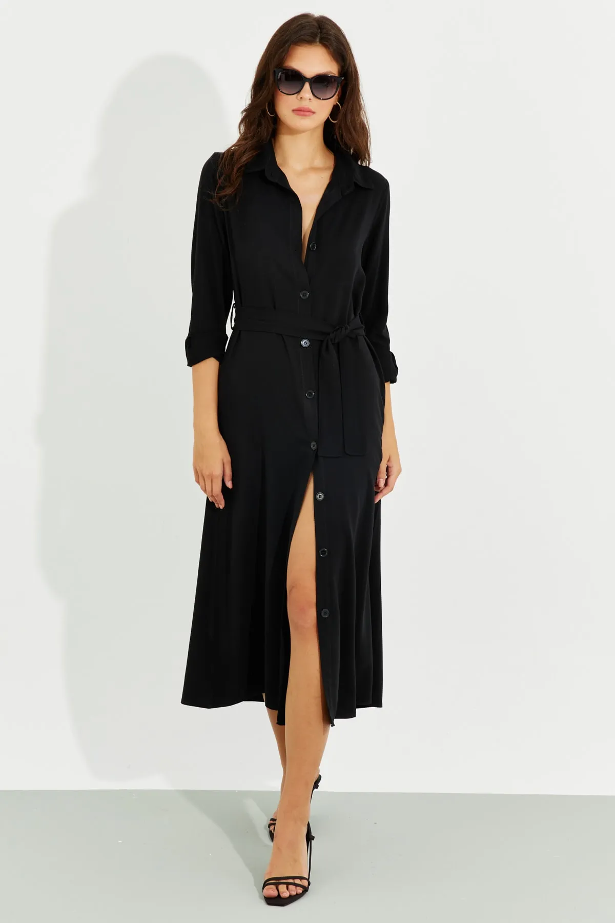 Cool & Sexy  Schwarzes Midi-Hemdkleid mit Tasche für Damen BK1683