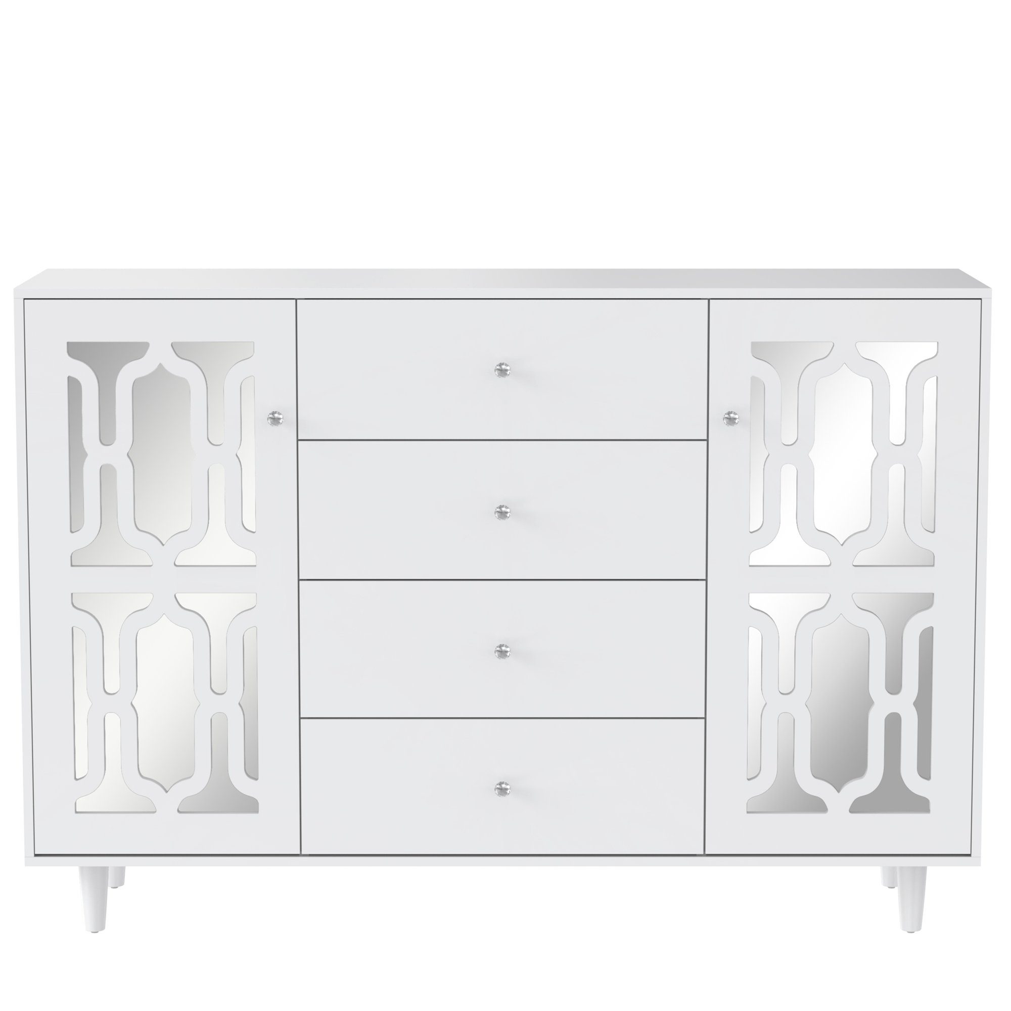 Merax Sideboard mit Spiegelelementen und geometrischem Trellis-Muster, Kommode mit vier Schubladen und Spiegelfront, Anrichte, Breite:148cm