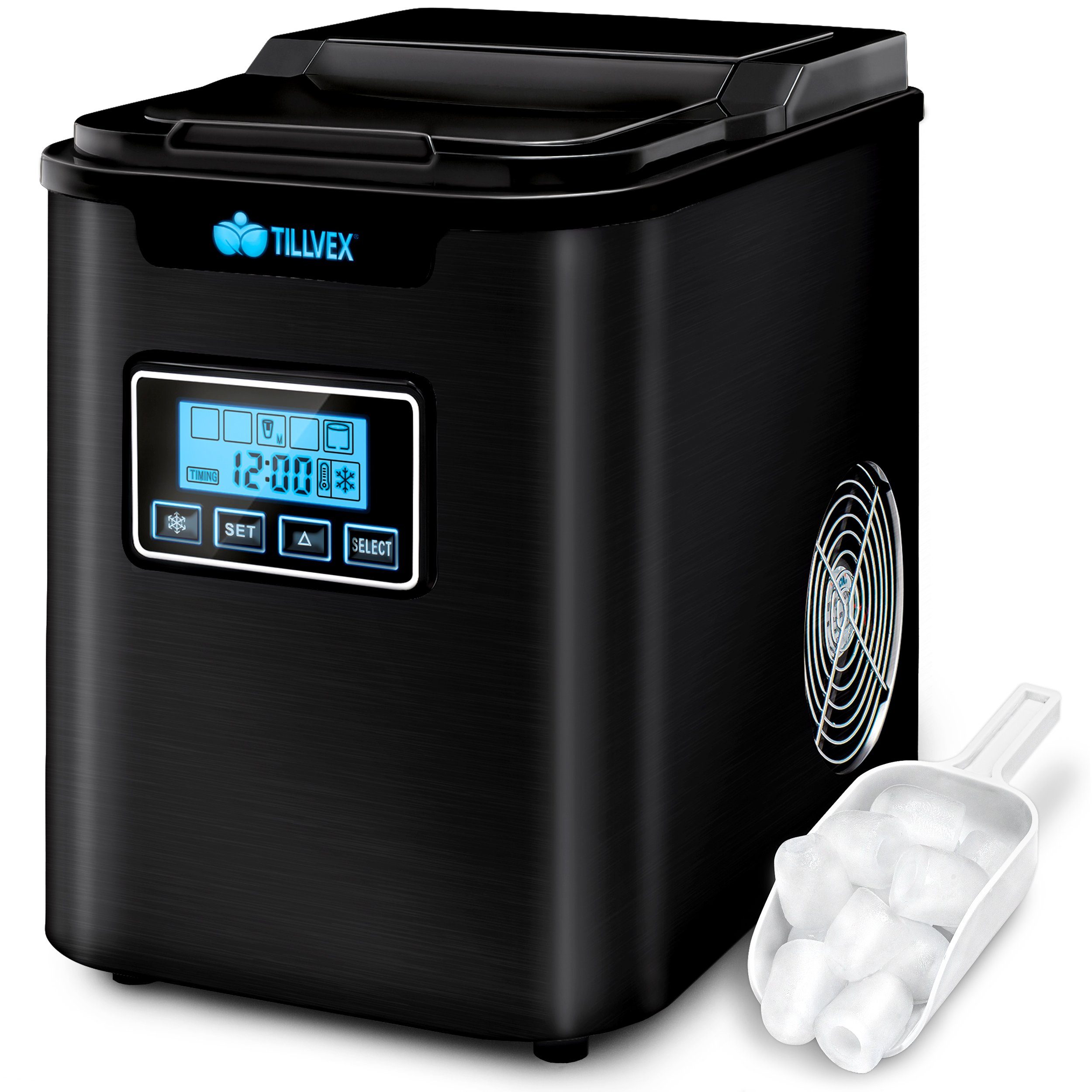 tillvex Eiswürfelmaschine Ice Maker 12 kg - 24 h Edelstahl, Mit Timer & LCD-Display, 2,2L Wassertank & Selbstreinigungsfunktion, 3 Eiswürfel Größen