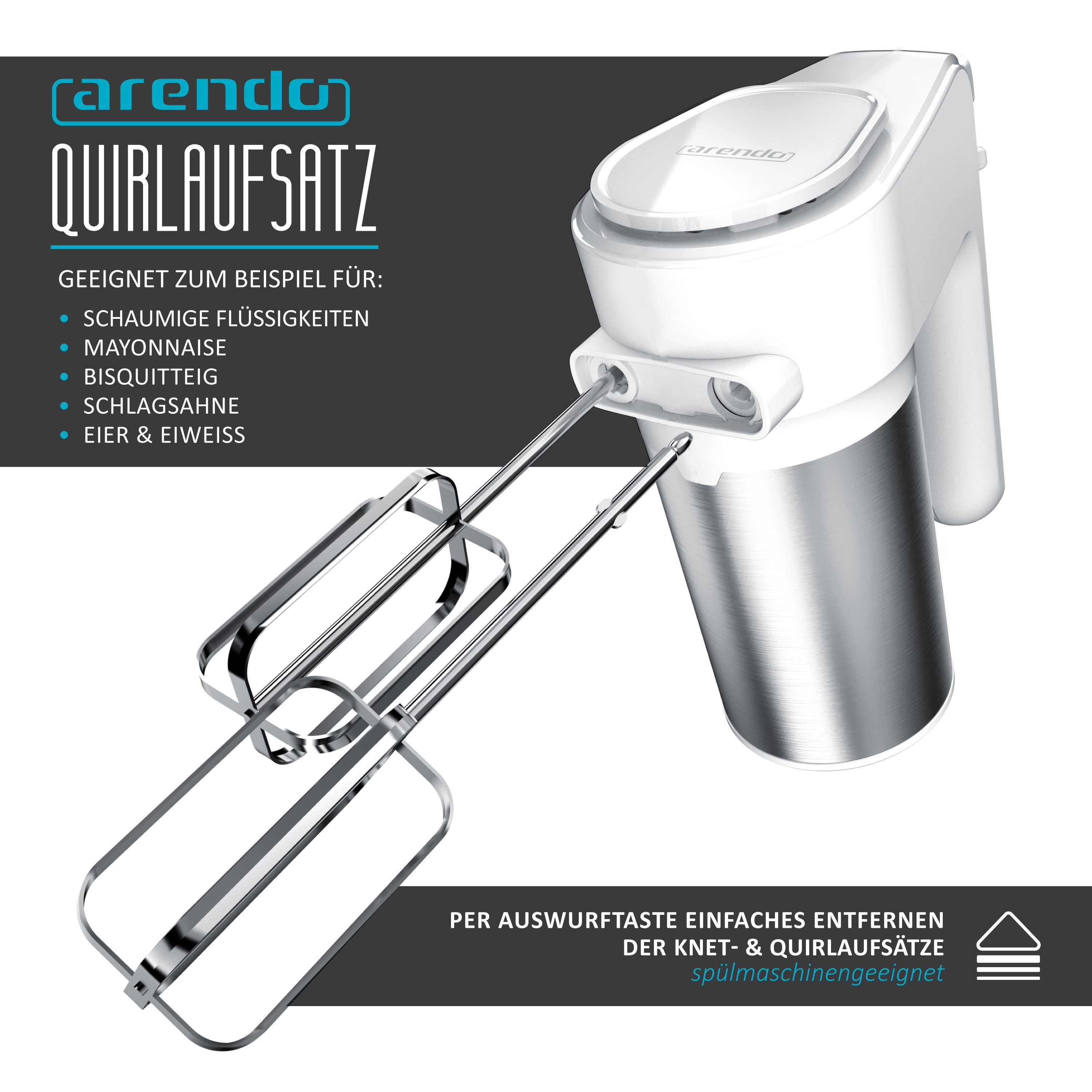 Arendo Handmixer, 400 W, inkl. 2 x Quirle und 2 x Knethaken aus Edelstahl