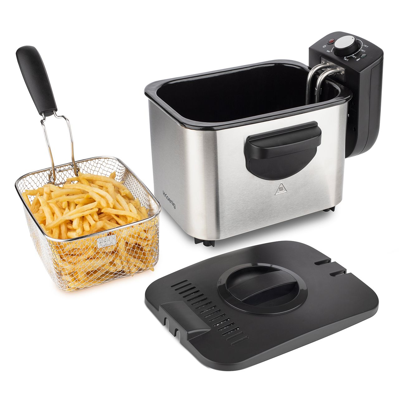 H.Koenig Elektro-Fritteuse DFX500 / 3 L / Edelstahl / Heißluft / Einstellbare Temperatur / Isolierte Griffe / Herausnehmbarer Korb / spülmaschinentauglich