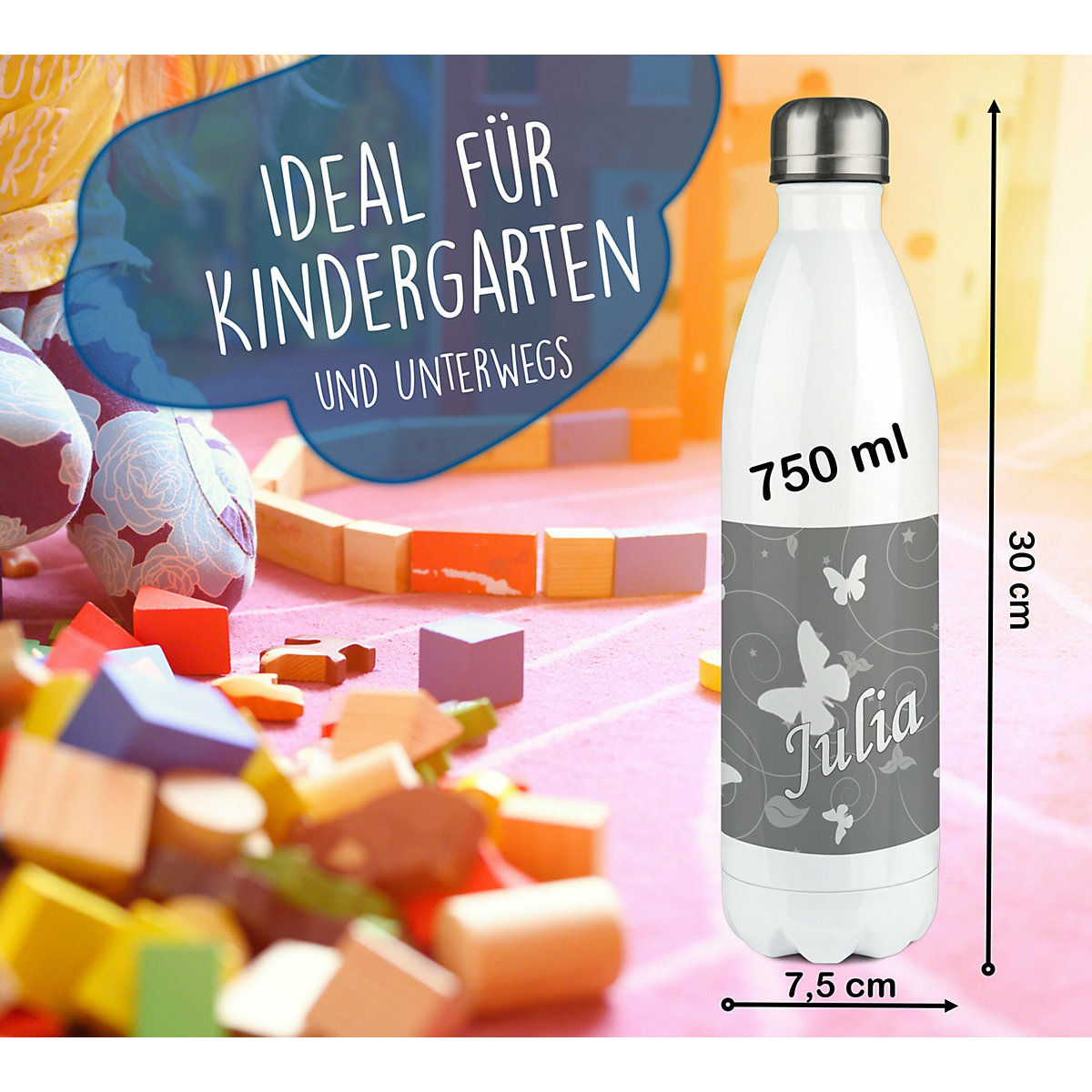 Edelstahl Kinder Thermoflasche / Trinkflasche bunt Schmetterling Ornamente Farbe grau Spülmaschinenfest, Auslaufsicher, Bruchfest, Doppelwandig, Für Heißgetränke geeignet, Mit Deckel, Isoliert