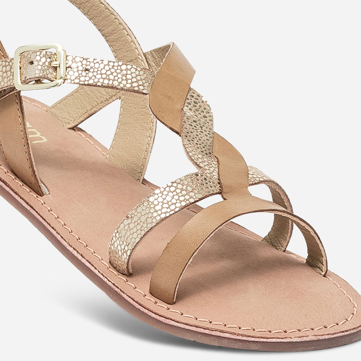 Sandale camel en cuir lisse et imprimé