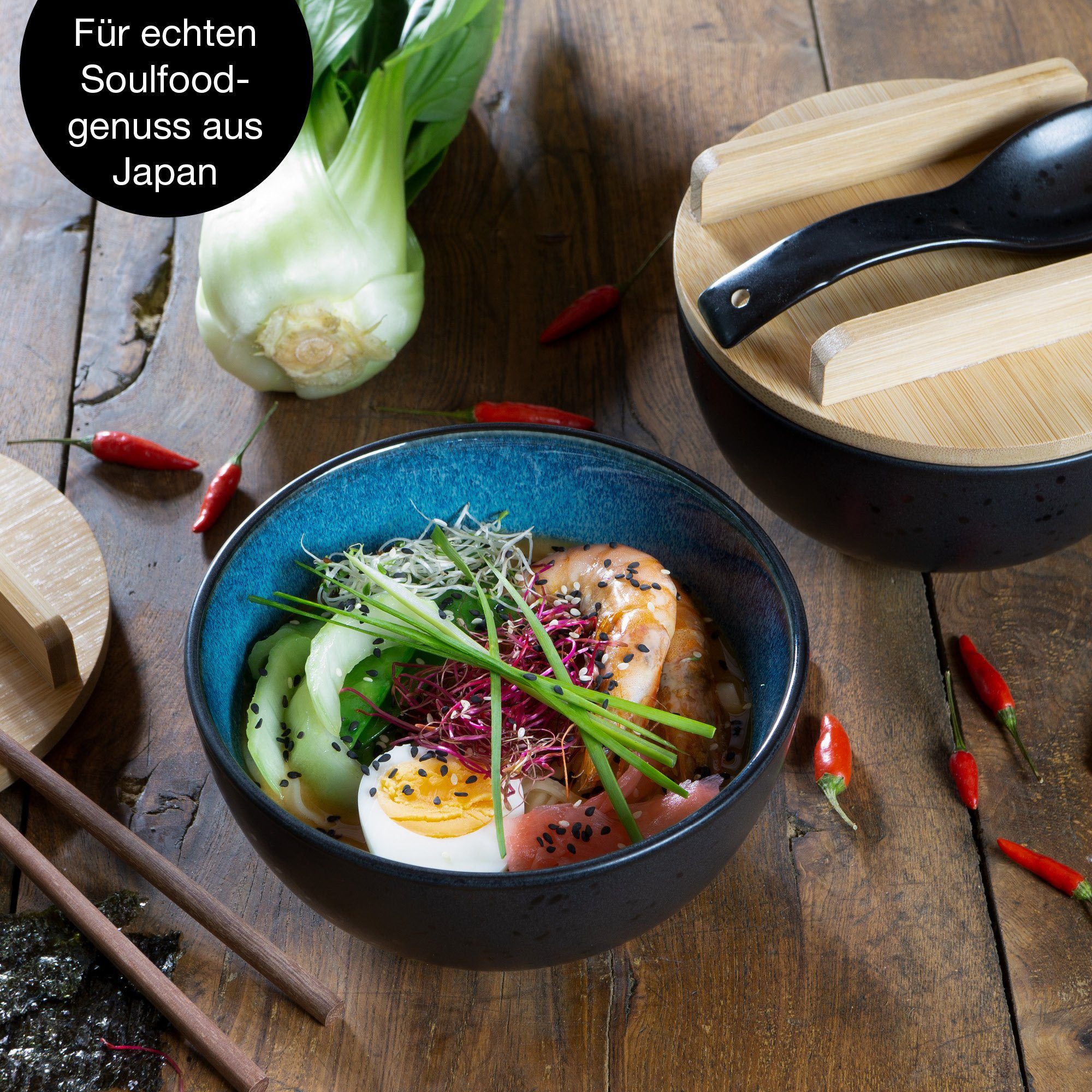 Moritz & Moritz Suppenschüssel 2x Ramen Schüssel Blau, Keramik, (2 Personen), Ramen Bowl Set