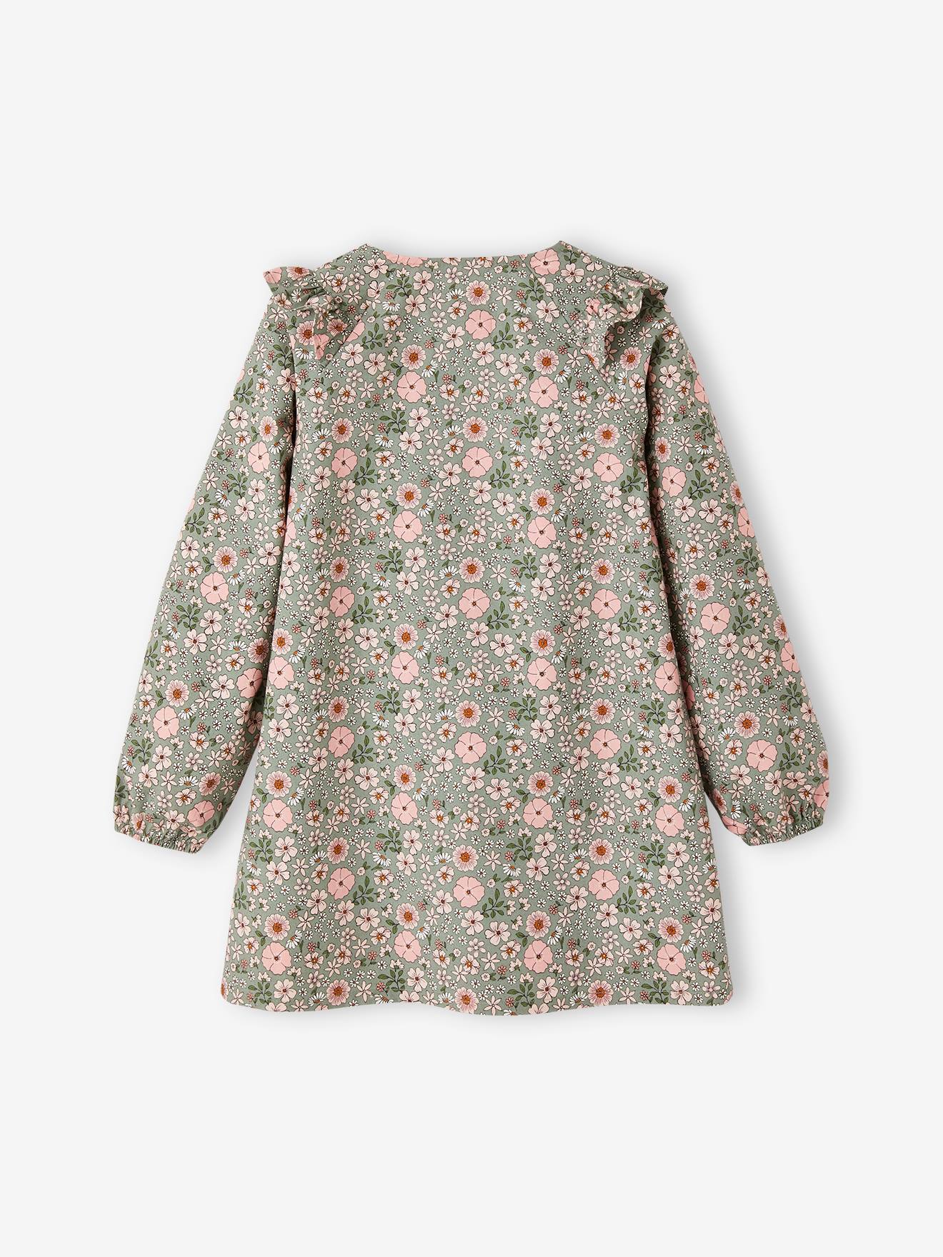 Tablier à fleurs personnalisable fille volants devant vert lichen