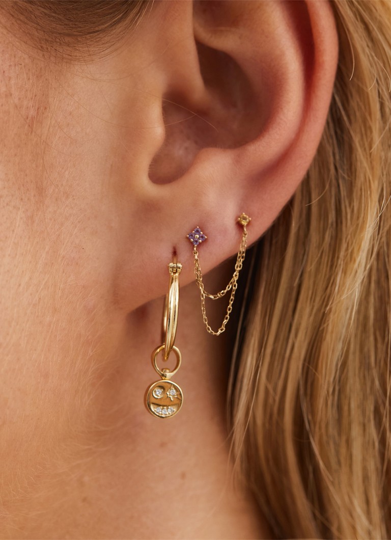 Anna + Nina Single Gilded Chain stud earrings in 14 carat yellow gold with amethyst and citrine