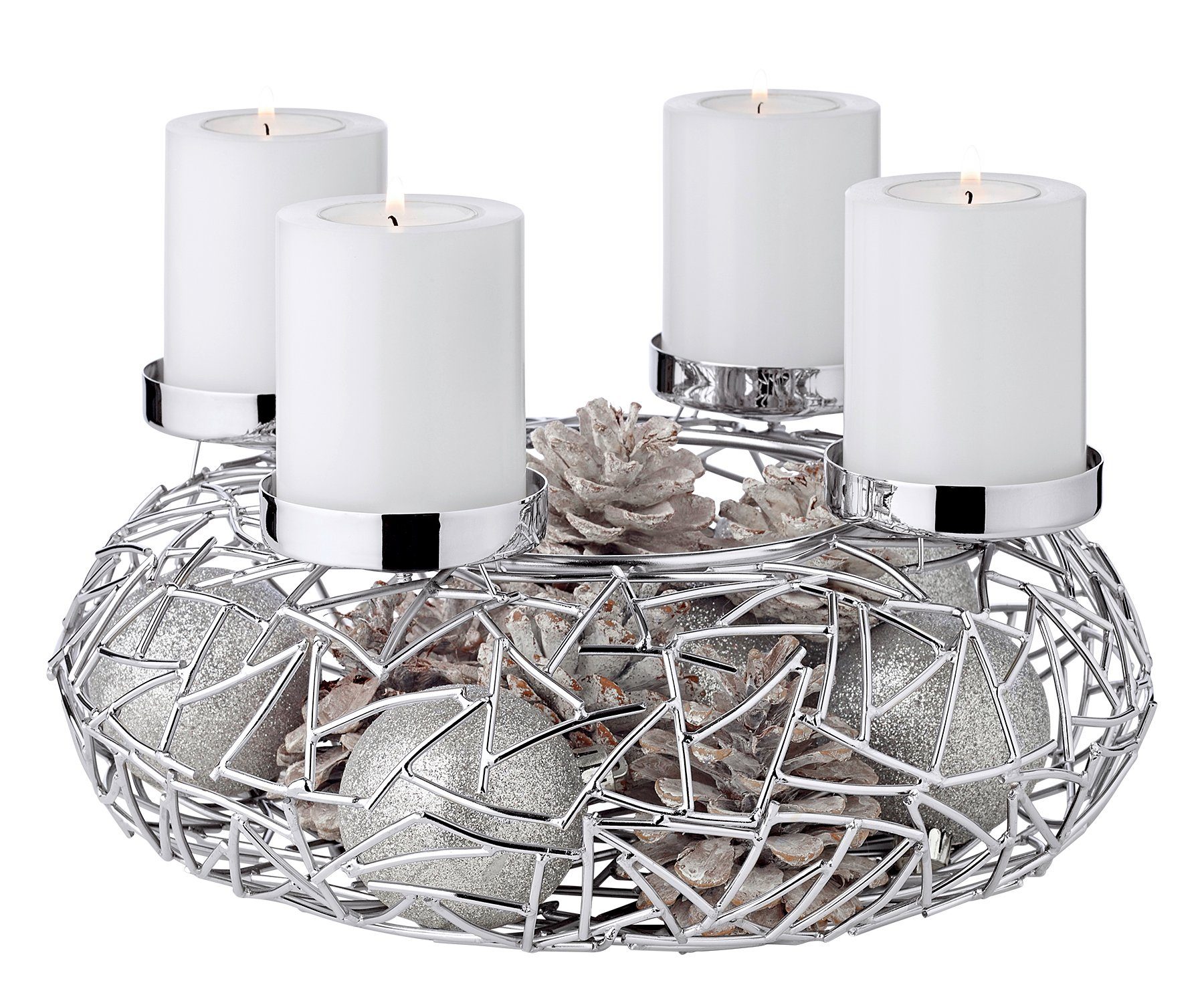 EDZARD Adventskranz Milano M, (28 cm) Kerzenhalter für Stumpenkerzen, Adventsleuchter als Weihnachtsdeko für 4 Kerzen á Ø 6 cm, Kerzenkranz als Tischdeko mit Silber-Optik, vernickelt