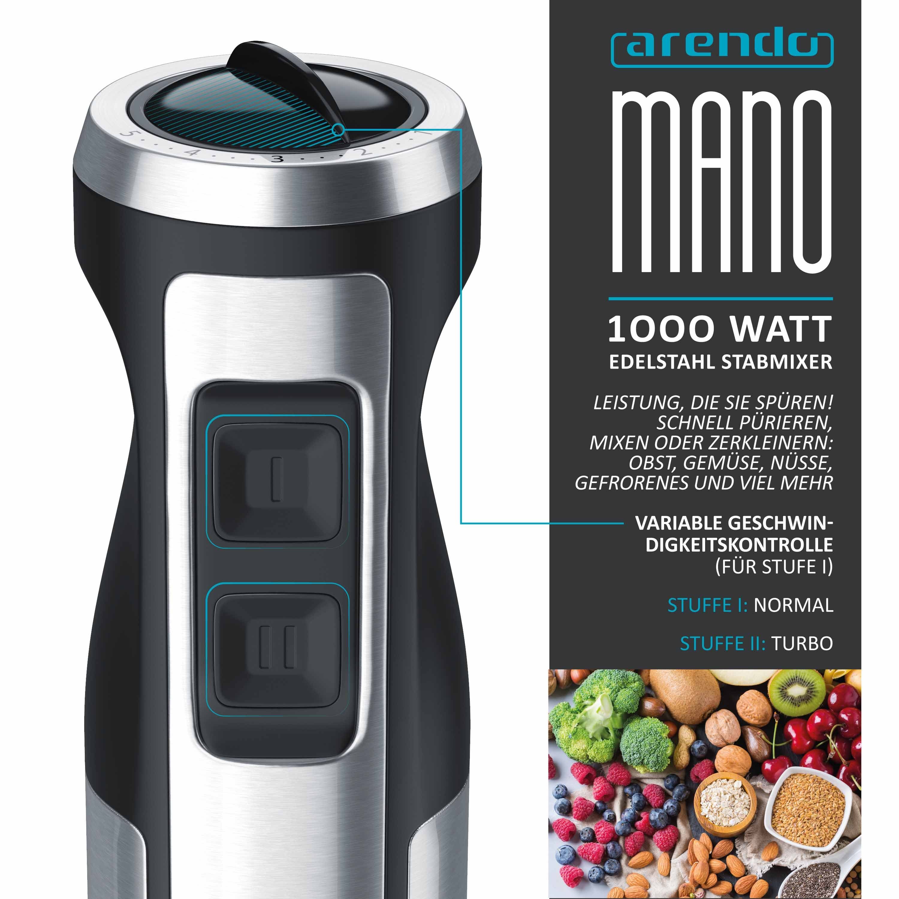 Arendo Stabmixer, 1000 W, Edelstahl Pürierstab mit Messbecher, Handmixer, stufenlose Regelung