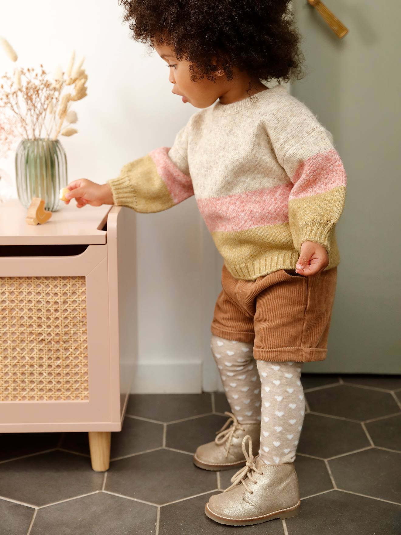Pull tricot rayures larges bébé beige rosé