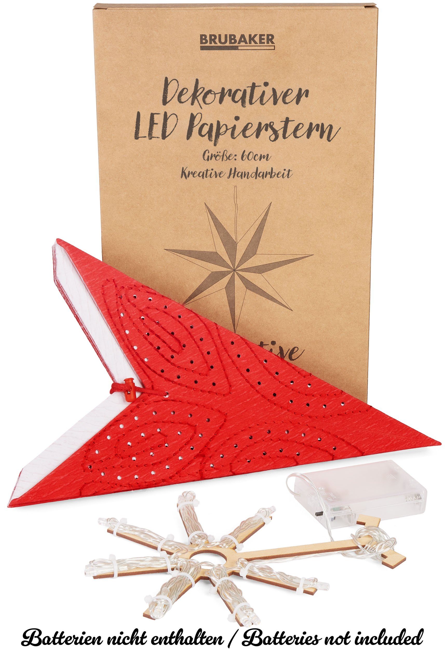 BRUBAKER LED Stern 60 cm Papier Weihnachtsstern zum Aufhängen - LED Adventsstern, Hängender Leuchtstern - Beleuchtbar mit Batterie, LED fest integriert, Warmweiß, Weihnachtsdeko für Fenster - 3D Papierstern mit Timer-Funktion