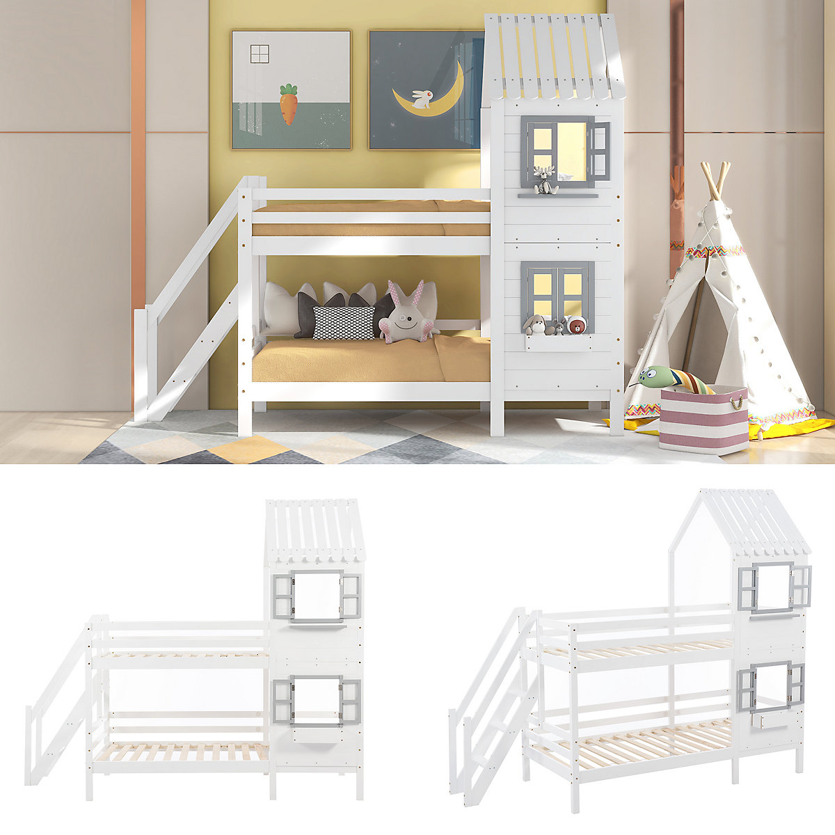 Etagenbett mit Handlauf und Fenster, Hausbett, Fallschutz und Gitter, Kiefer