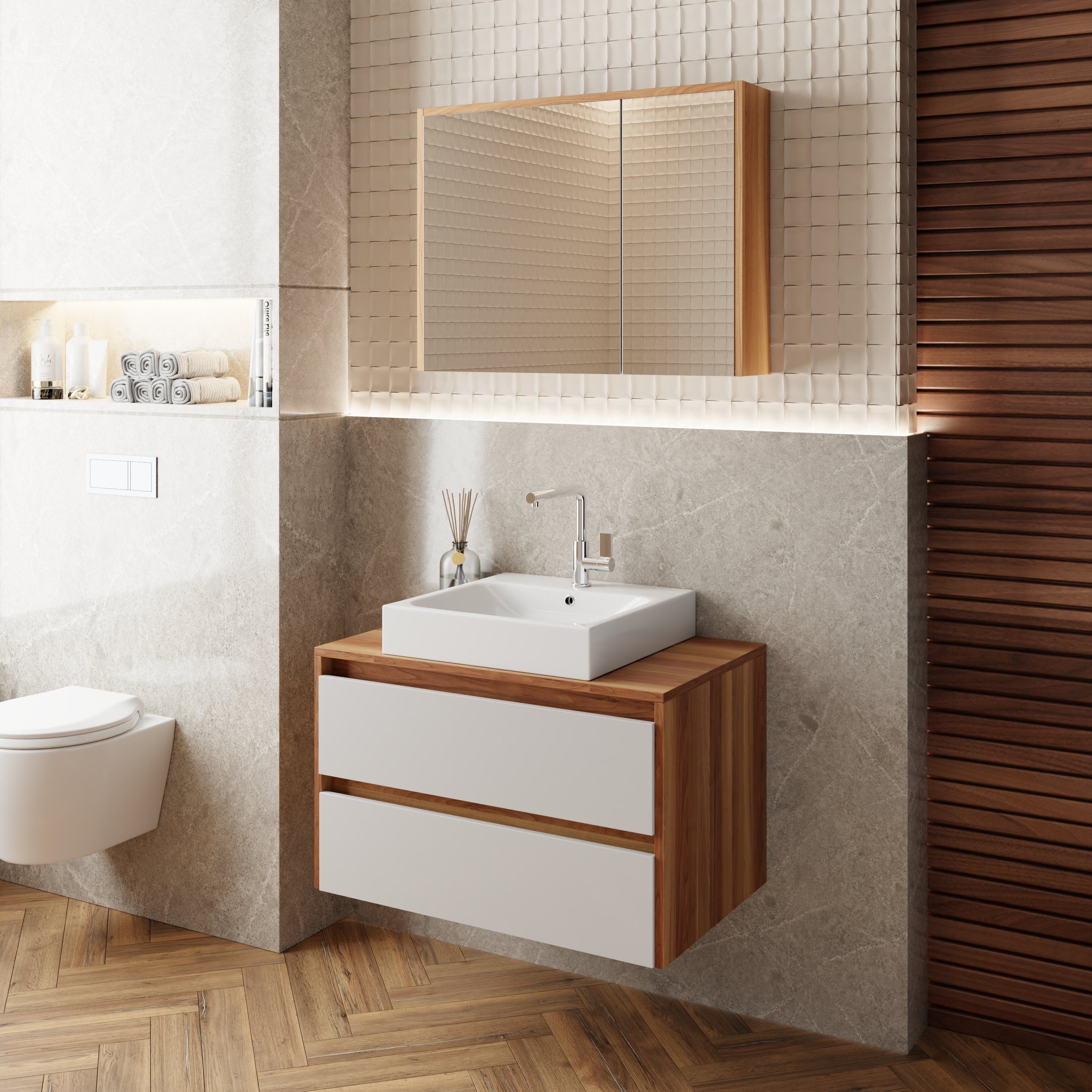 Karen Badezimmer-Set Loon, (Komplett-Set, 3-Teilig (Unterschrank, Spiegelschrank, Waschbecken), Konsolenwaschtisch, MDF Lam, Softclose, Korpus Matt, Fronten Hochglanz