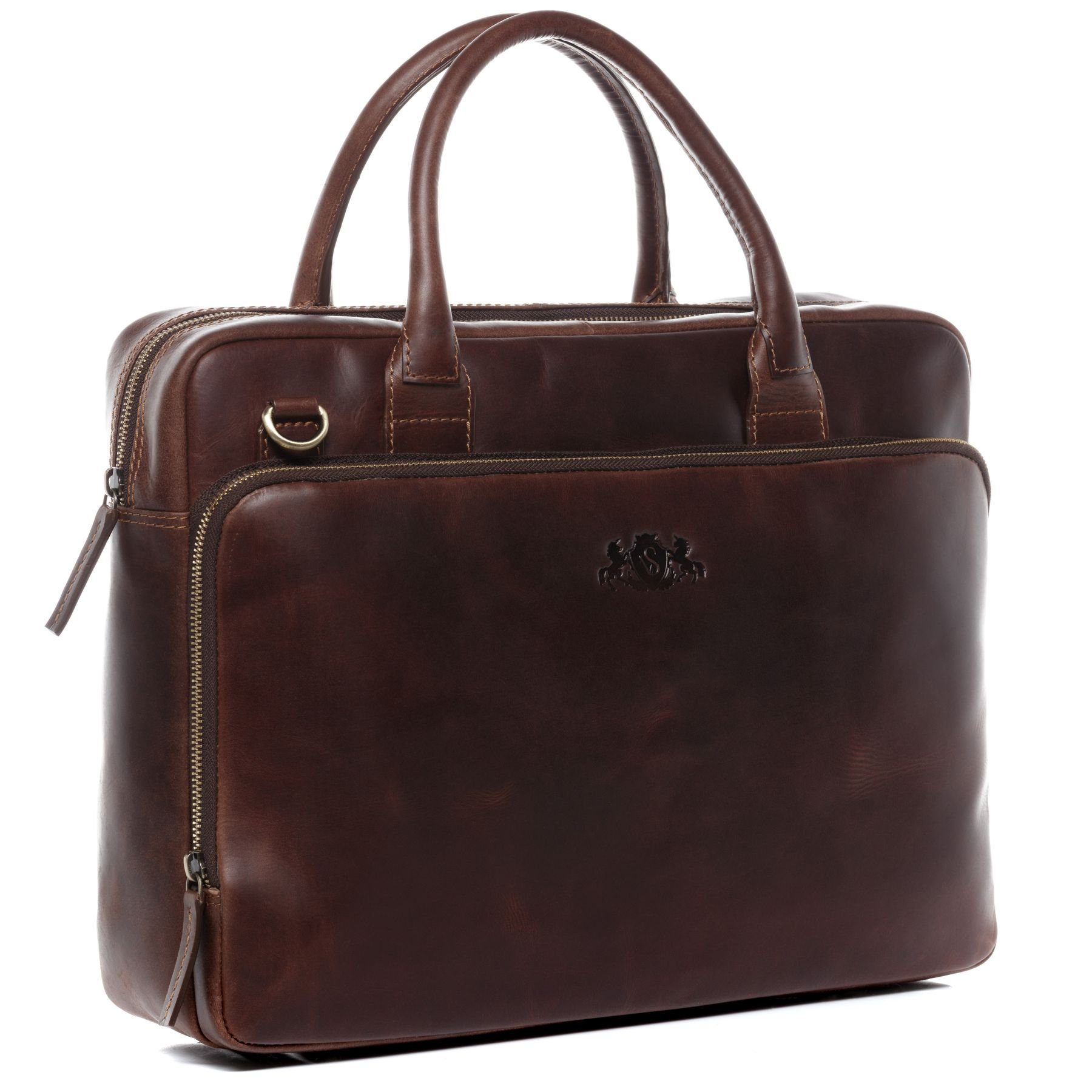 SID & VAIN Laptoptasche Leder Businesstasche Unisex RYAN, Laptoptasche 15,4 Zoll, Aktentasche Echtleder Damen Herren braun
