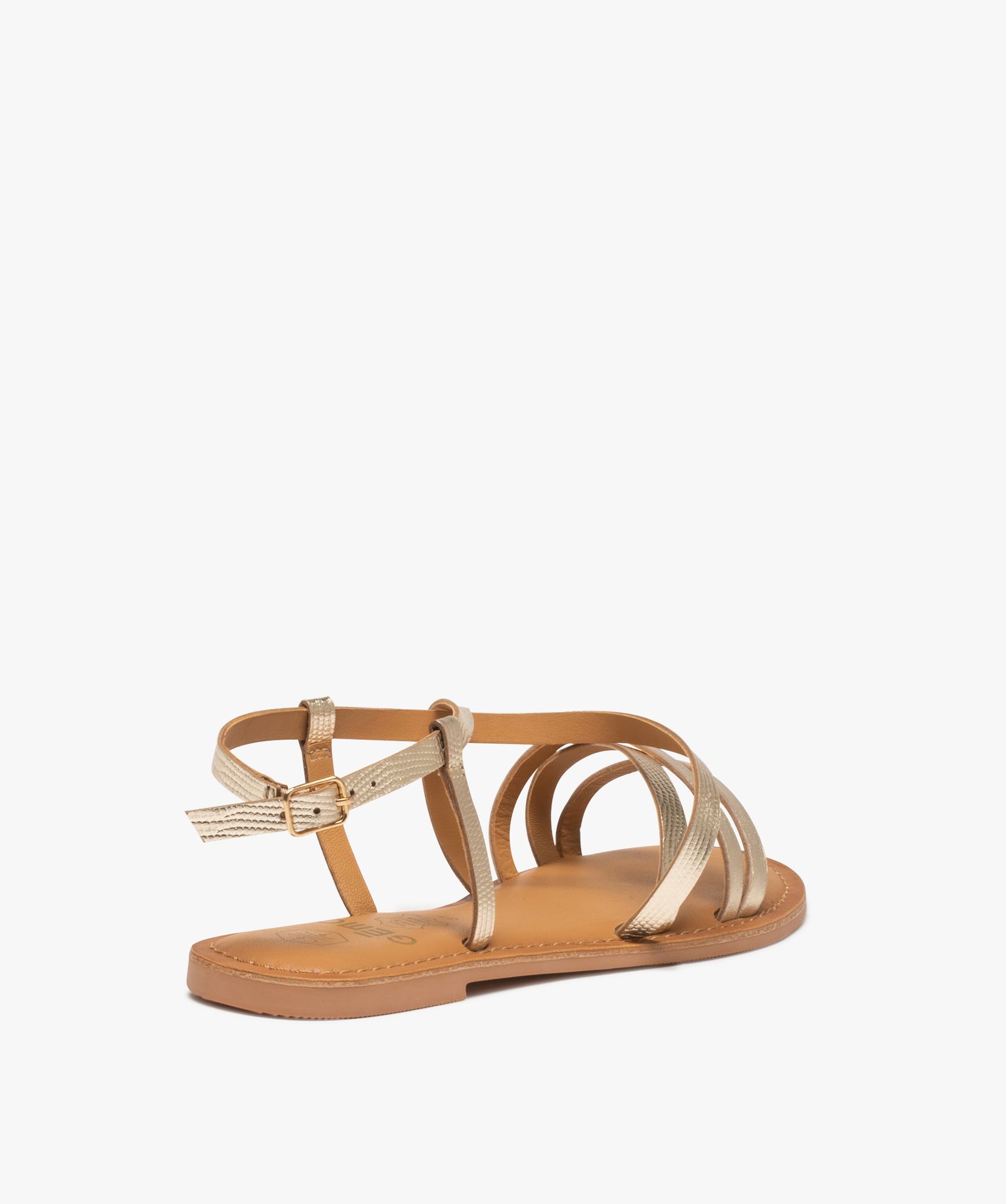 Sandales femme à talon plat et fines brides en cuir métall... or | GEMO