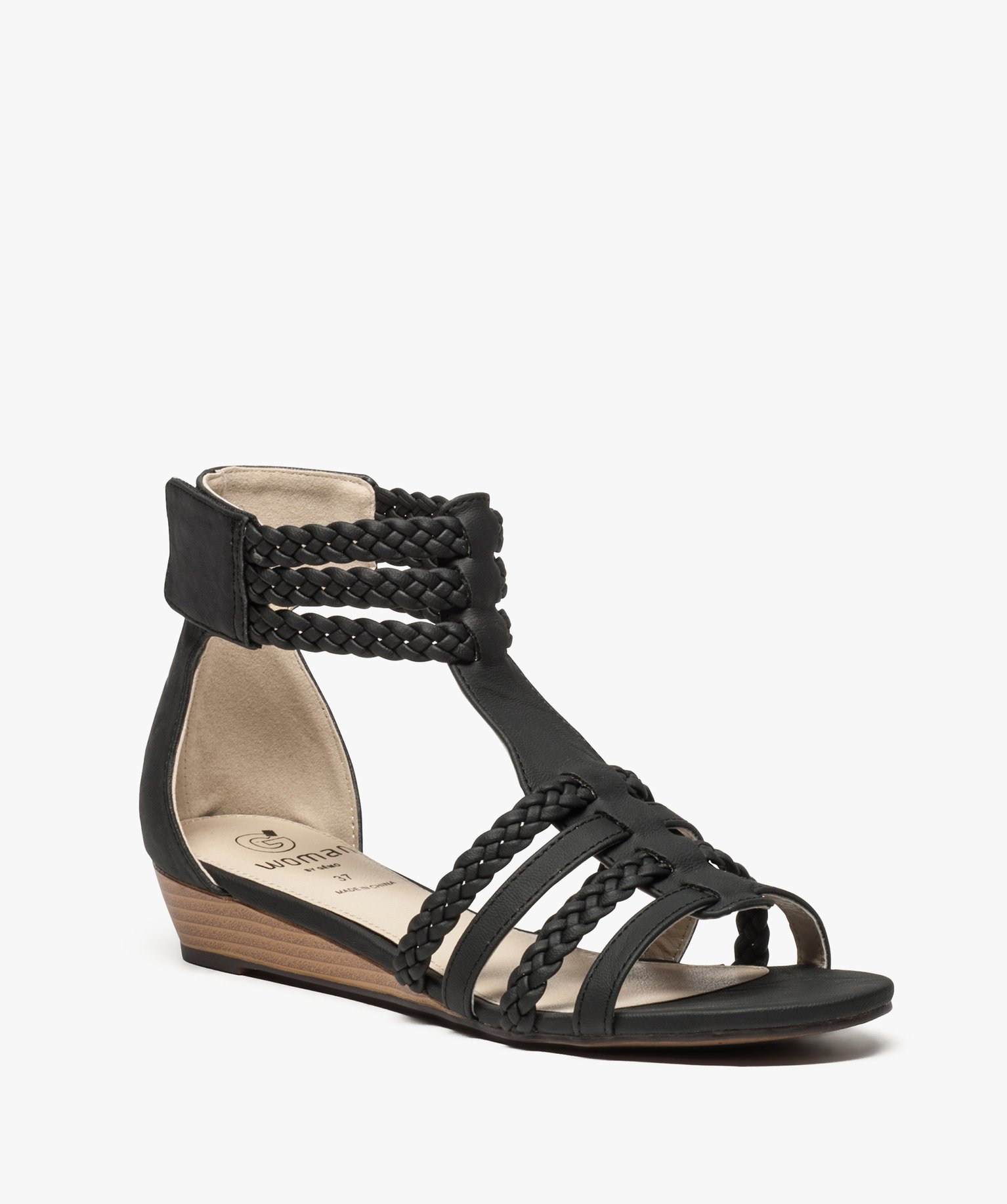 Sandales femme avec brides tressées autour de la cheville noir | GEMO