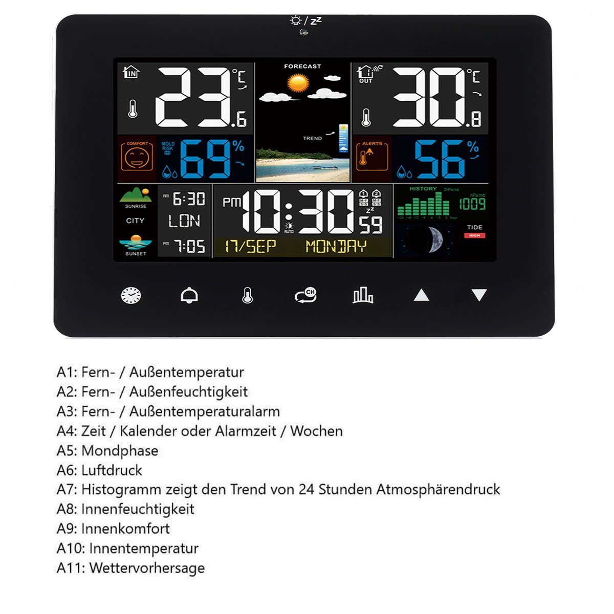 oyajia LED Wetterstation mit Funk-Außensensor, mit Kalender Wetterstation (Kalender Thermometer Hygrometer Farbdisplay)