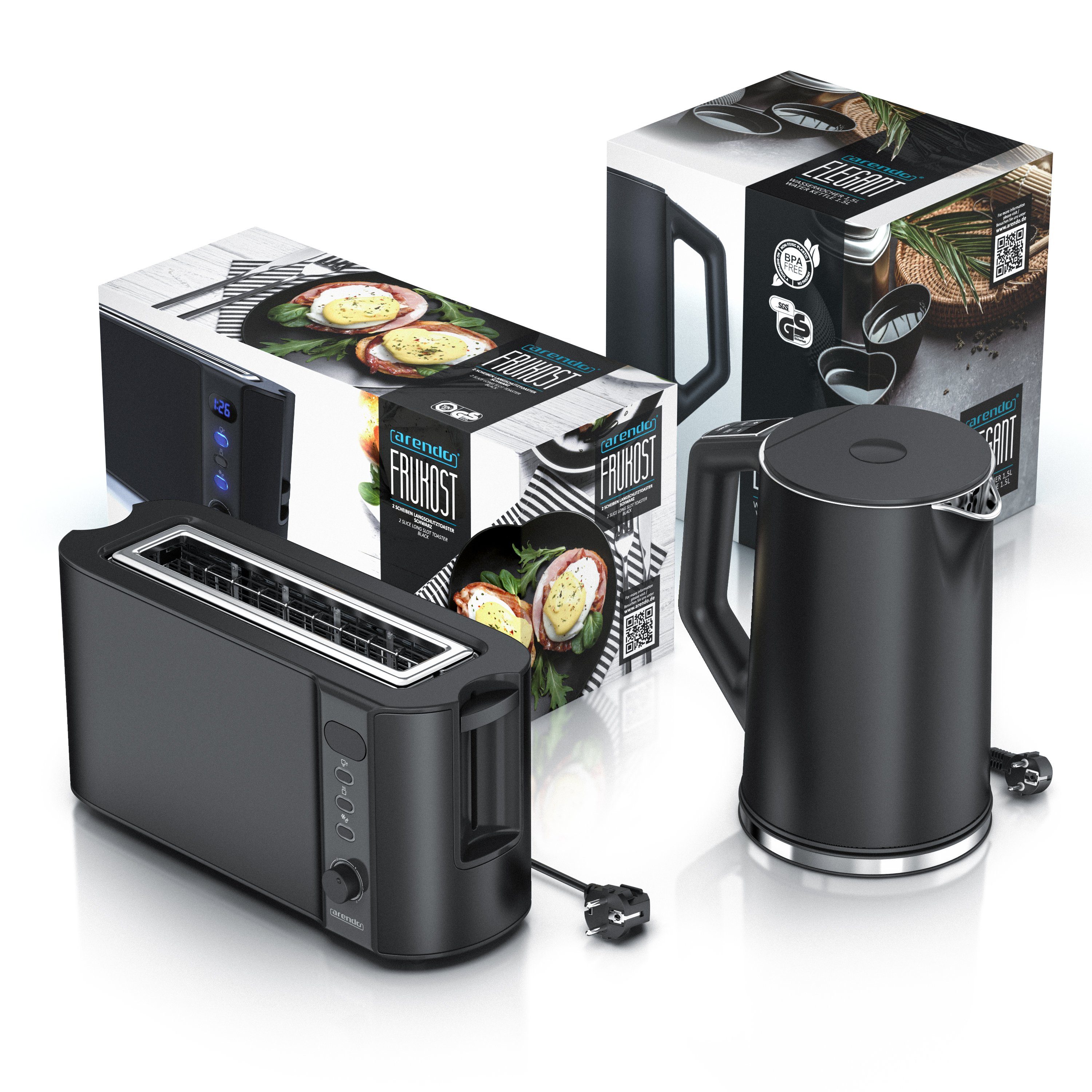 Arendo Frühstücks-Set (2-tlg), Wasserkocher 1,5l / 2-Scheiben Langschlitz Toaster, Edelstahl, Schwarz
